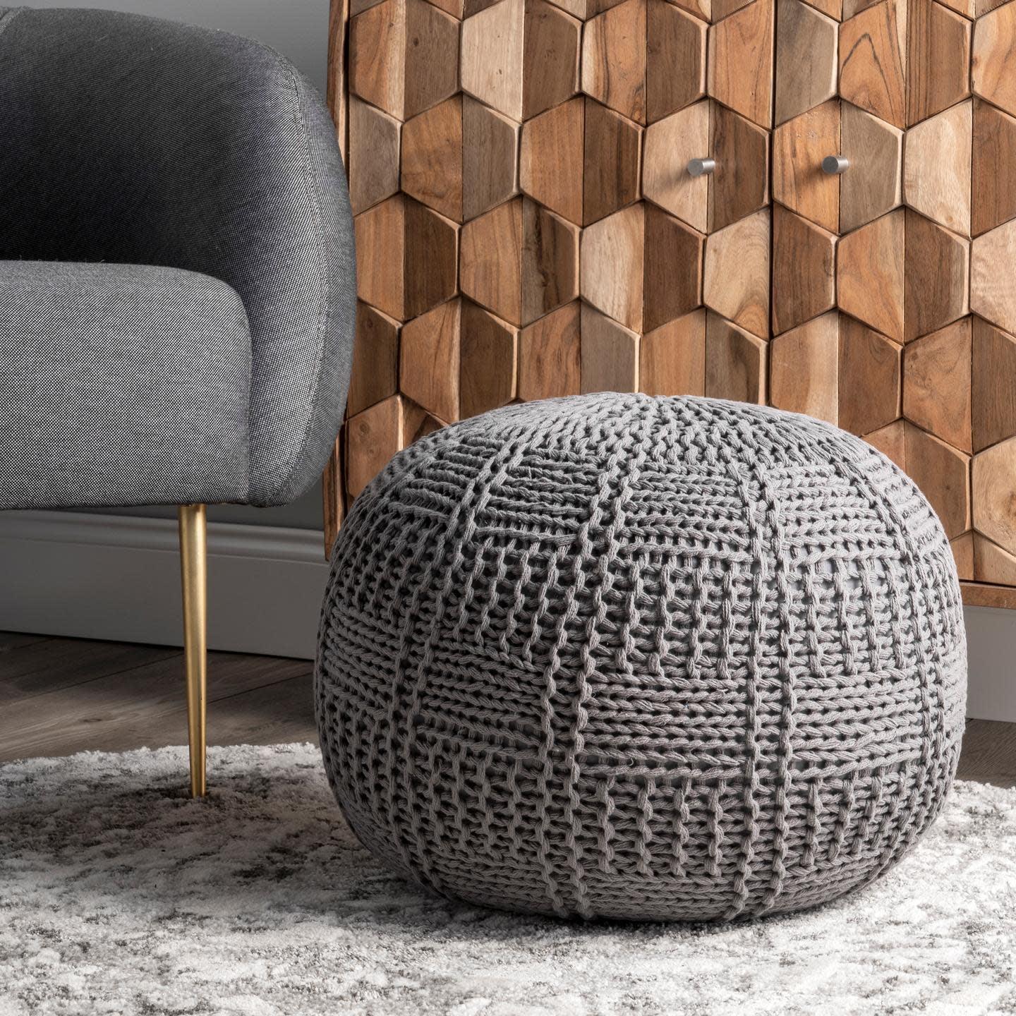 nuLOOM Berlin Casual Knitted Filled Ottoman Pouf, 14" H x 20" W x 20" D, Gray