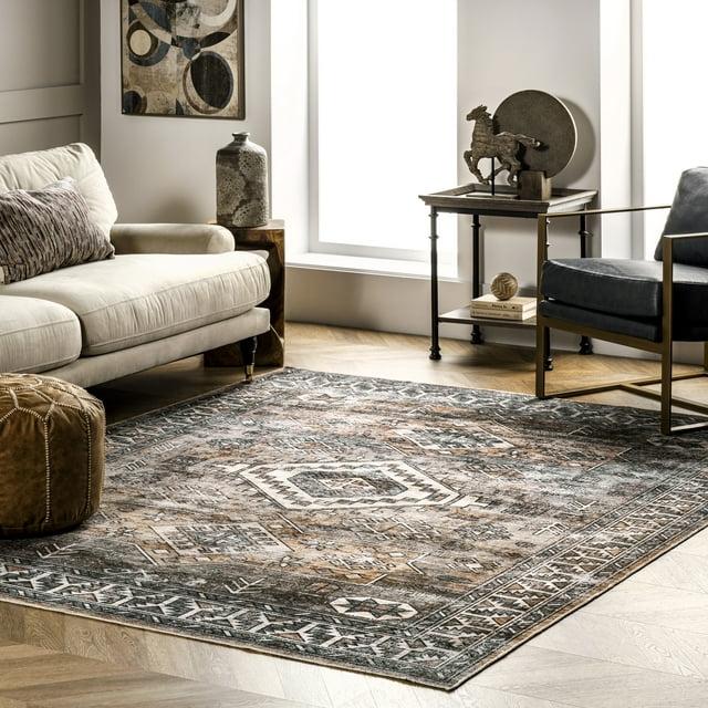 Nuloom 8x10 Machine Washable Rain Haven Vintage Medallion Indoor Area Rug, Rust Non-Slip Backing, Stain Resistant, BedroomLiving Room, Kitchen