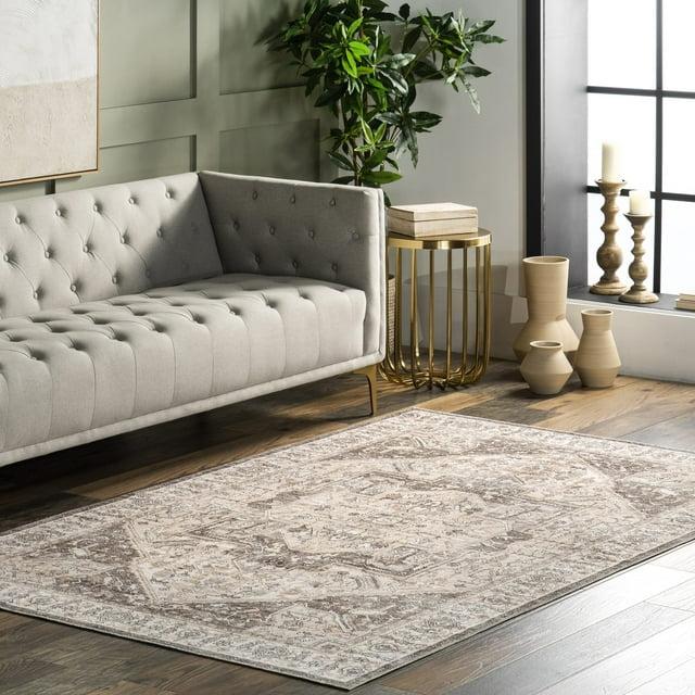 Nuloom 5x8 Machine Washable Rain Haven Vintage Medallion Indoor Area Rug, Brown Non-Slip Backing, Stain Resistant, BedroomLiving Room, Kitchen