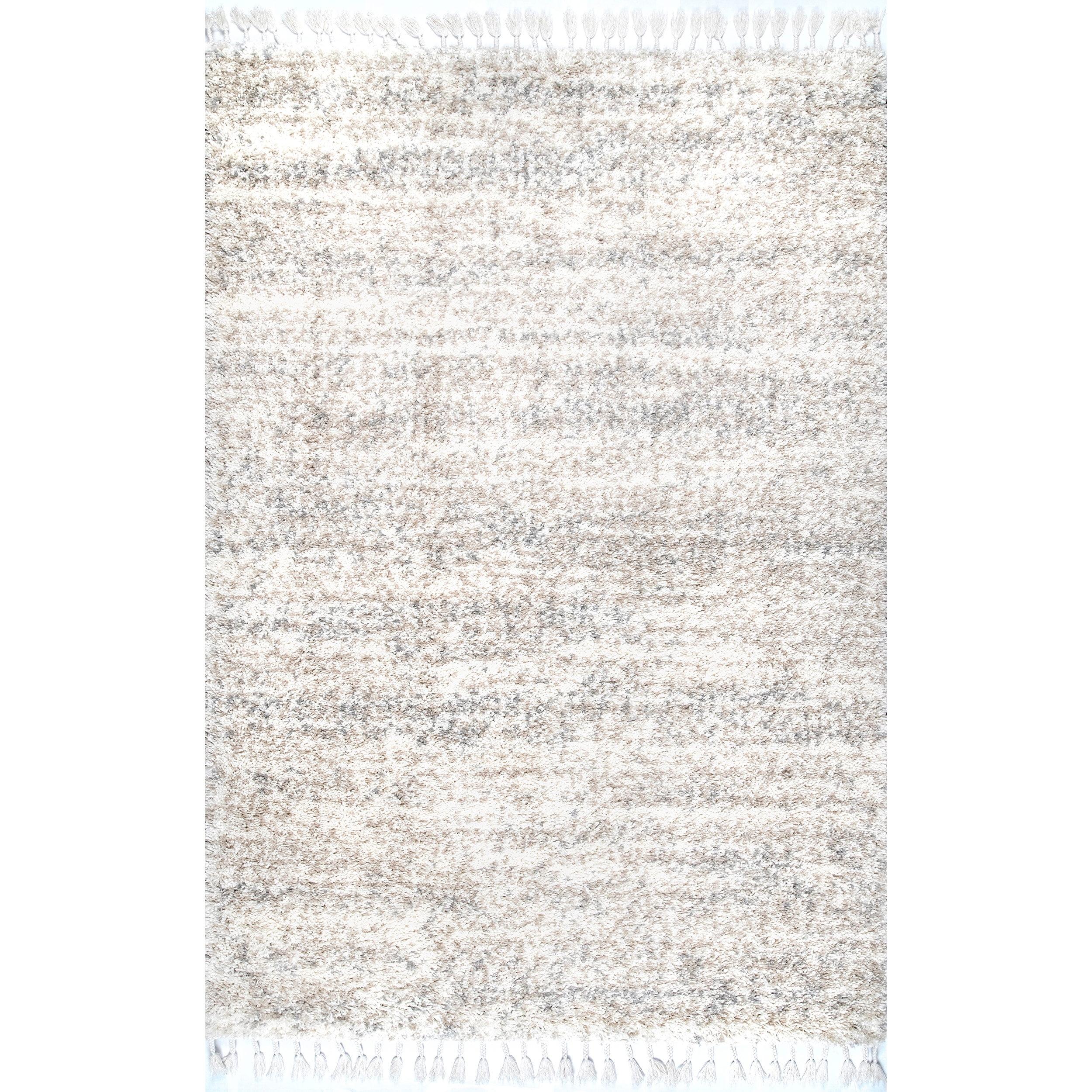 Ivory Plush Braided Tassel Shag Area Rug, 6'7" x 9'