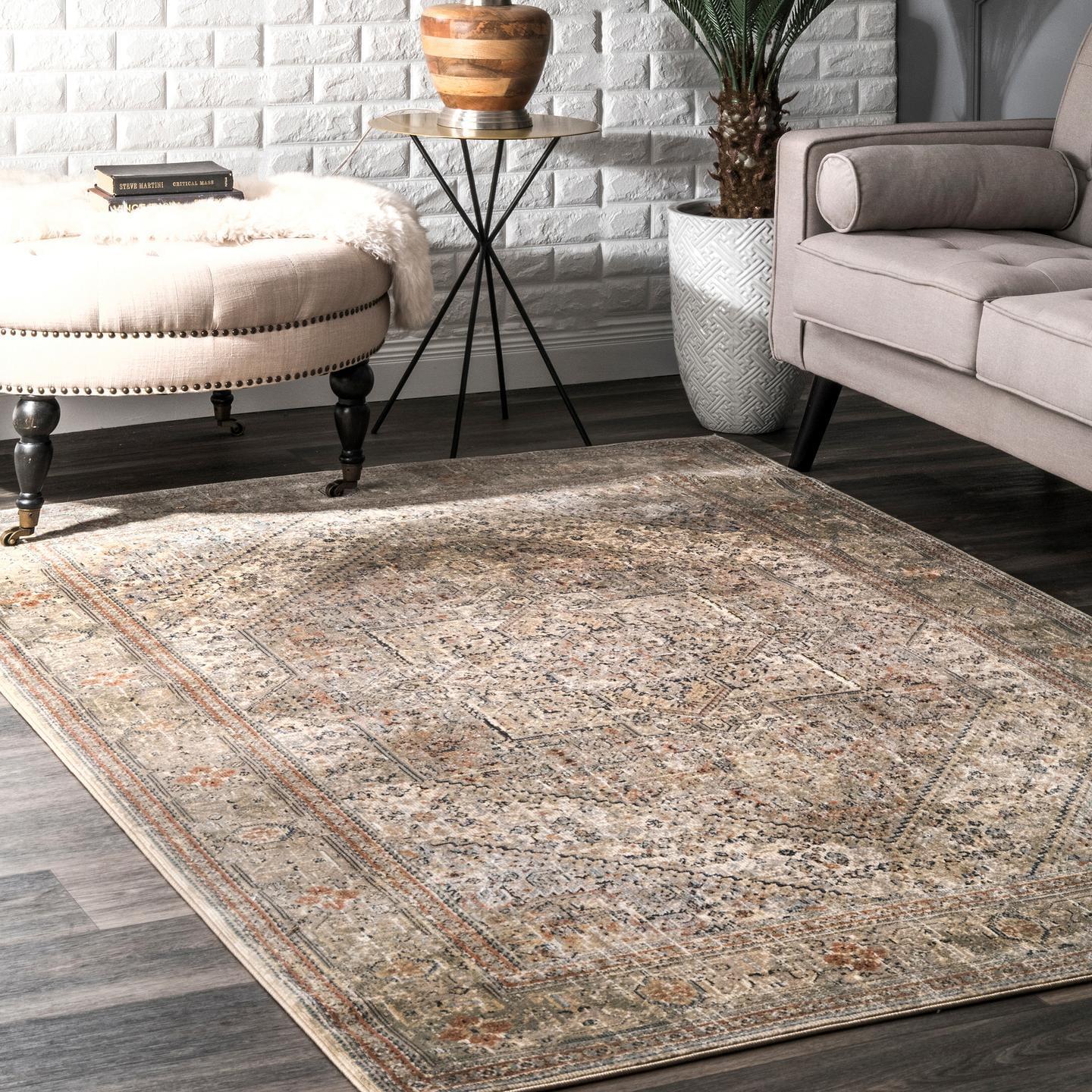 Beige Rectangular Synthetic Non-slip Medallion Area Rug