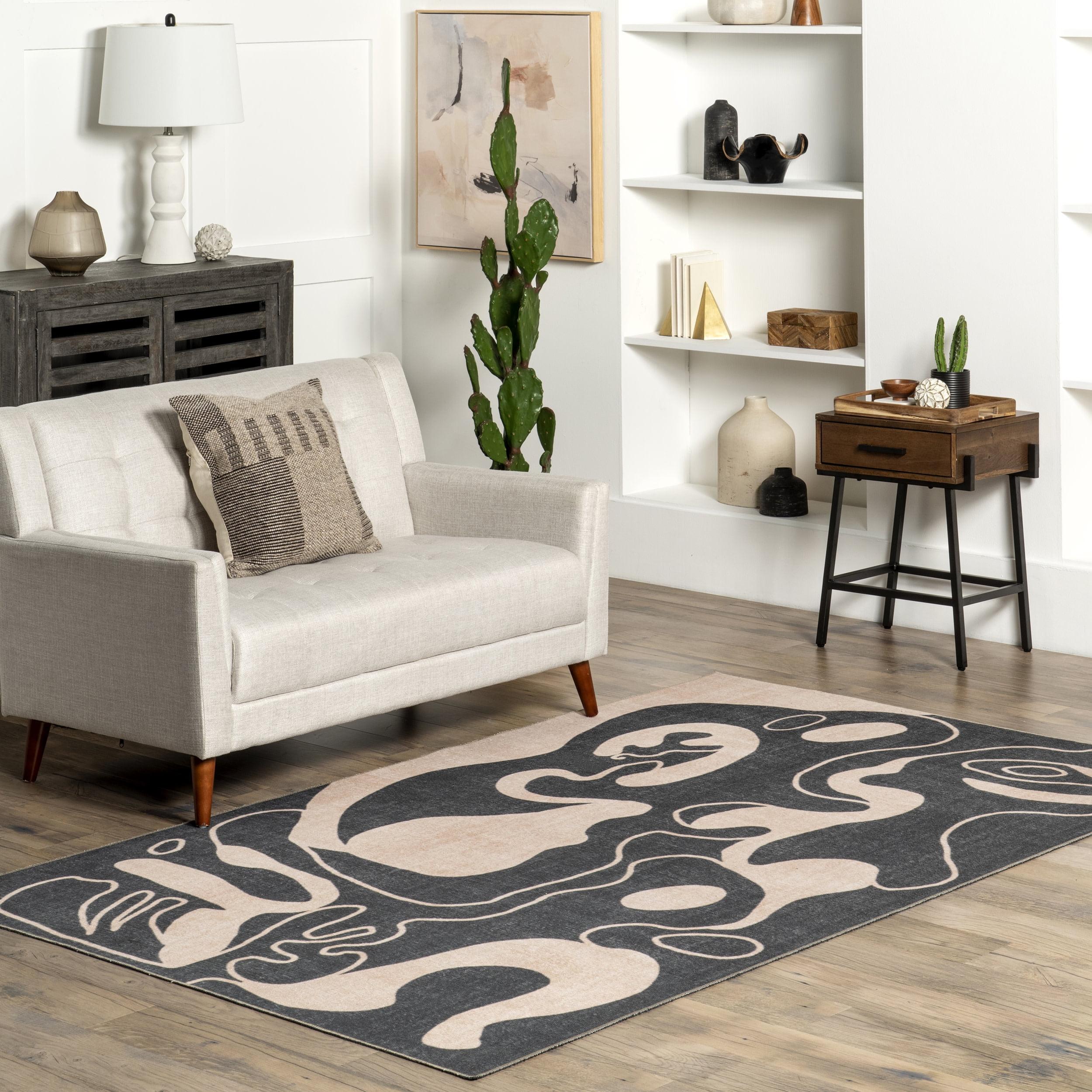 Carole Abstract Beige and Black Machine Washable Area Rug