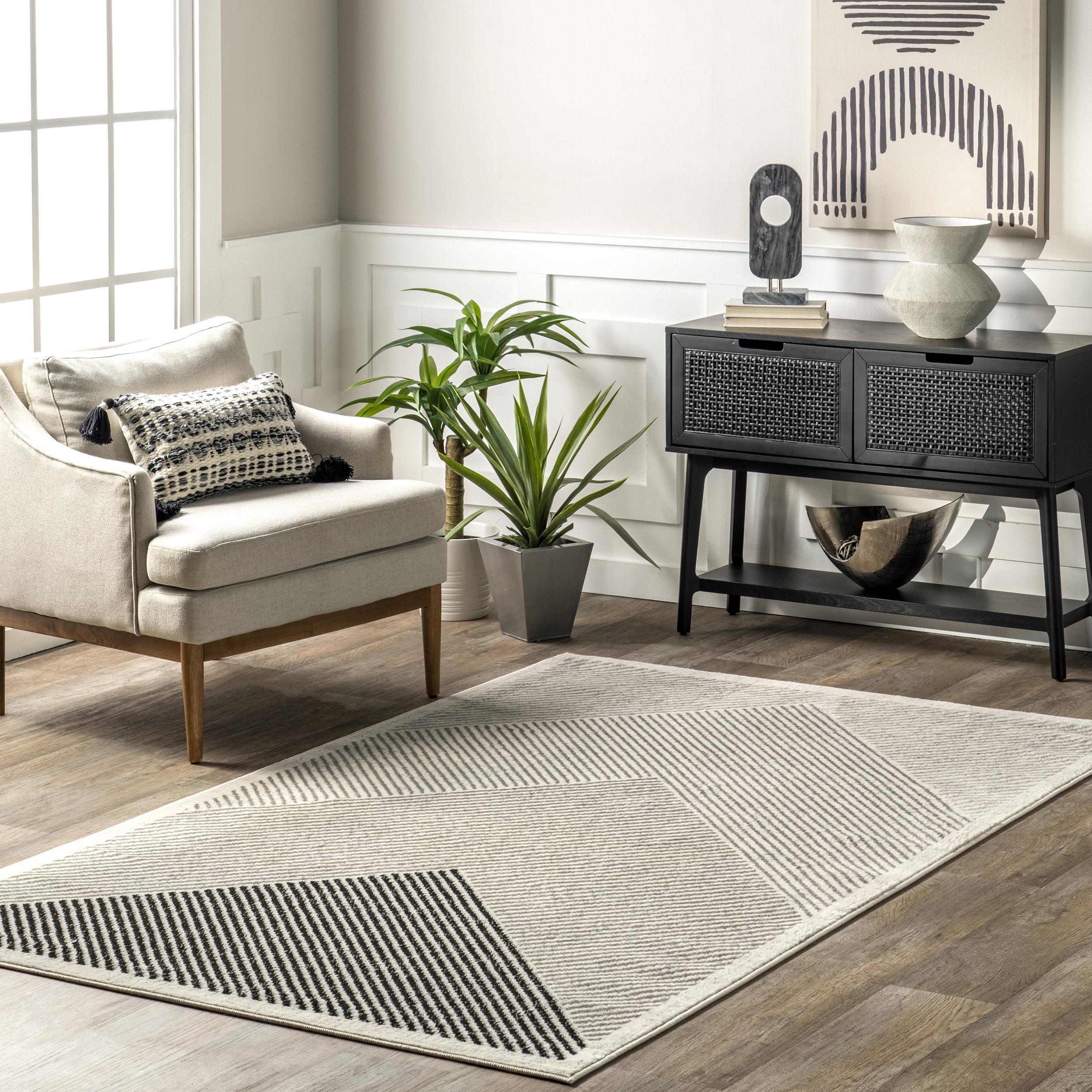 Gray and Black Striped Synthetic Rectangular Area Rug