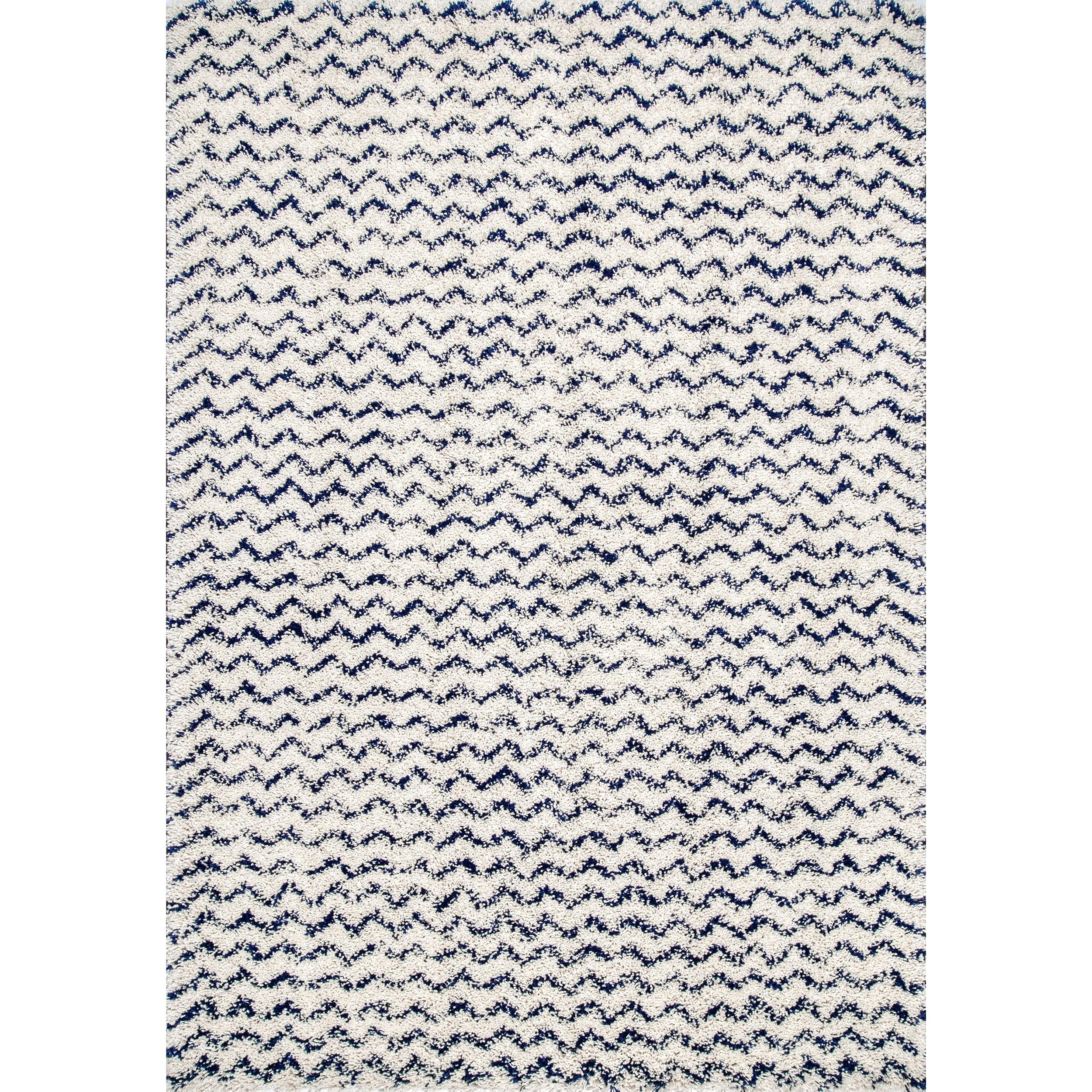 Nuloom Cuellar Striped 5x8 Shag Indoor Area Rug for Living Room Bedroom Dining Room Nursery, Navy/Ivory