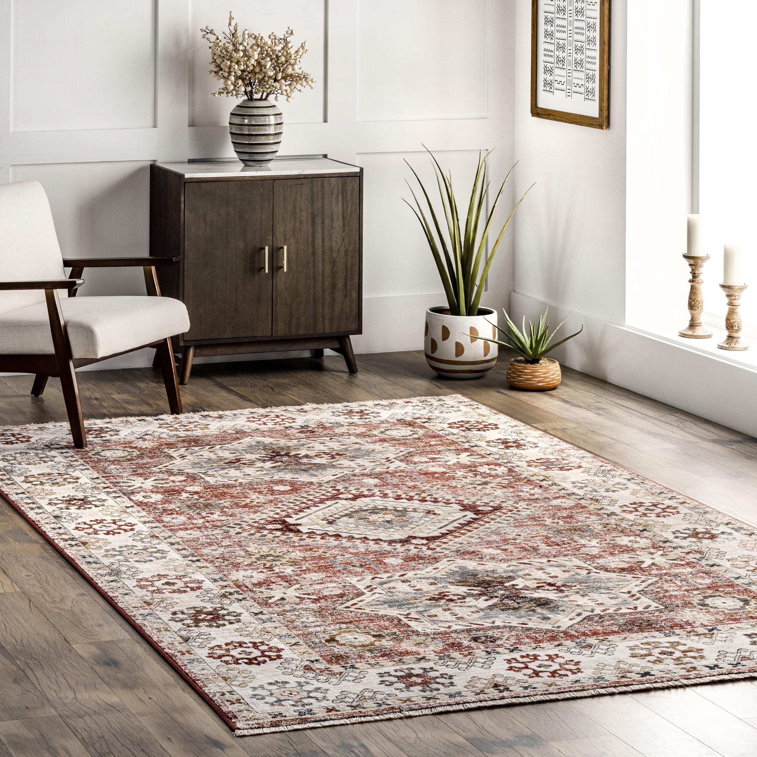 Rust Red Synthetic Medallion Rectangular Area Rug