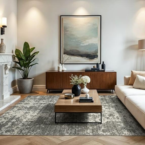 Deedra Modern Abstract Power Loom Performance Gray/White Rug