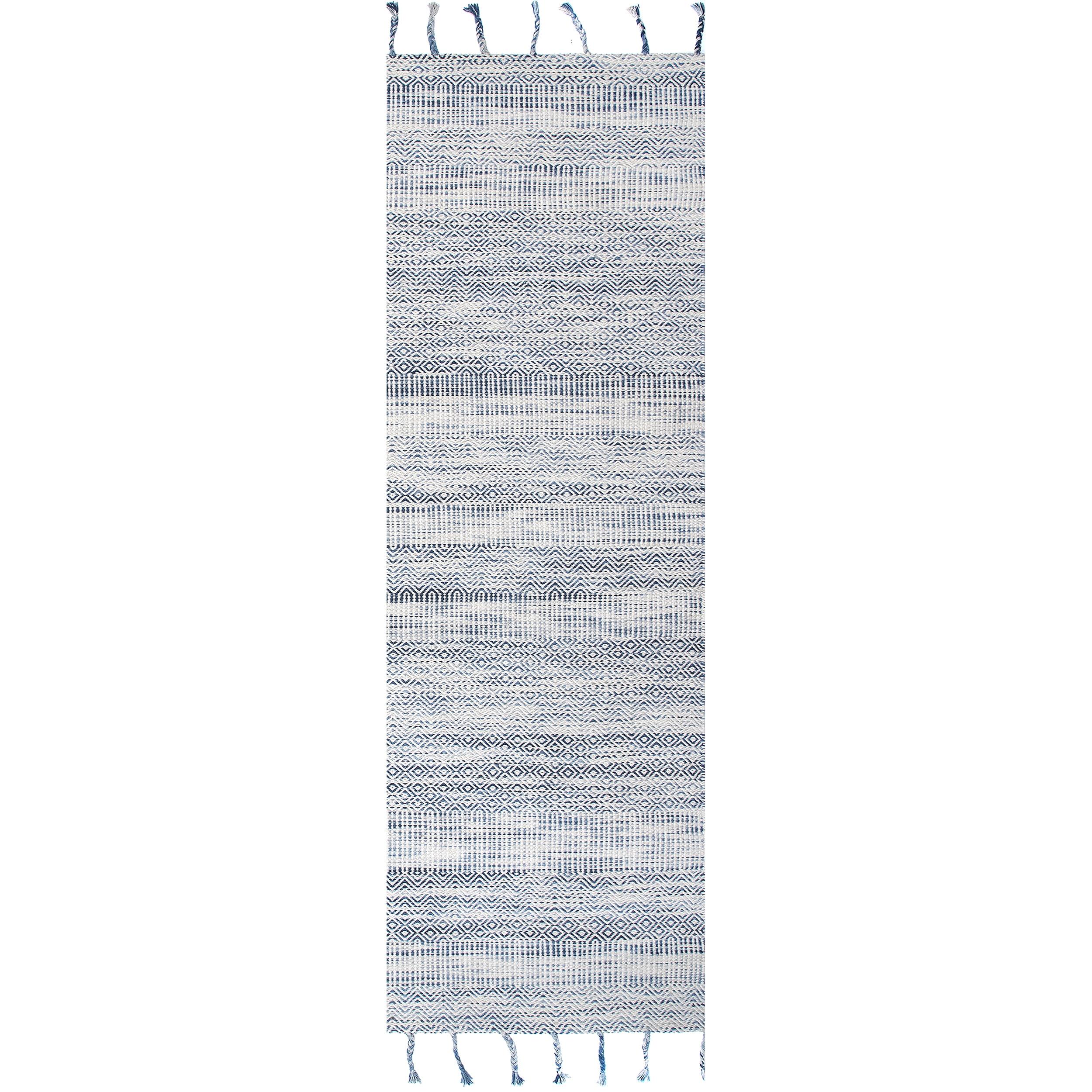 Blue Geometric Cotton Tassel Runner Rug, 2' x 6'