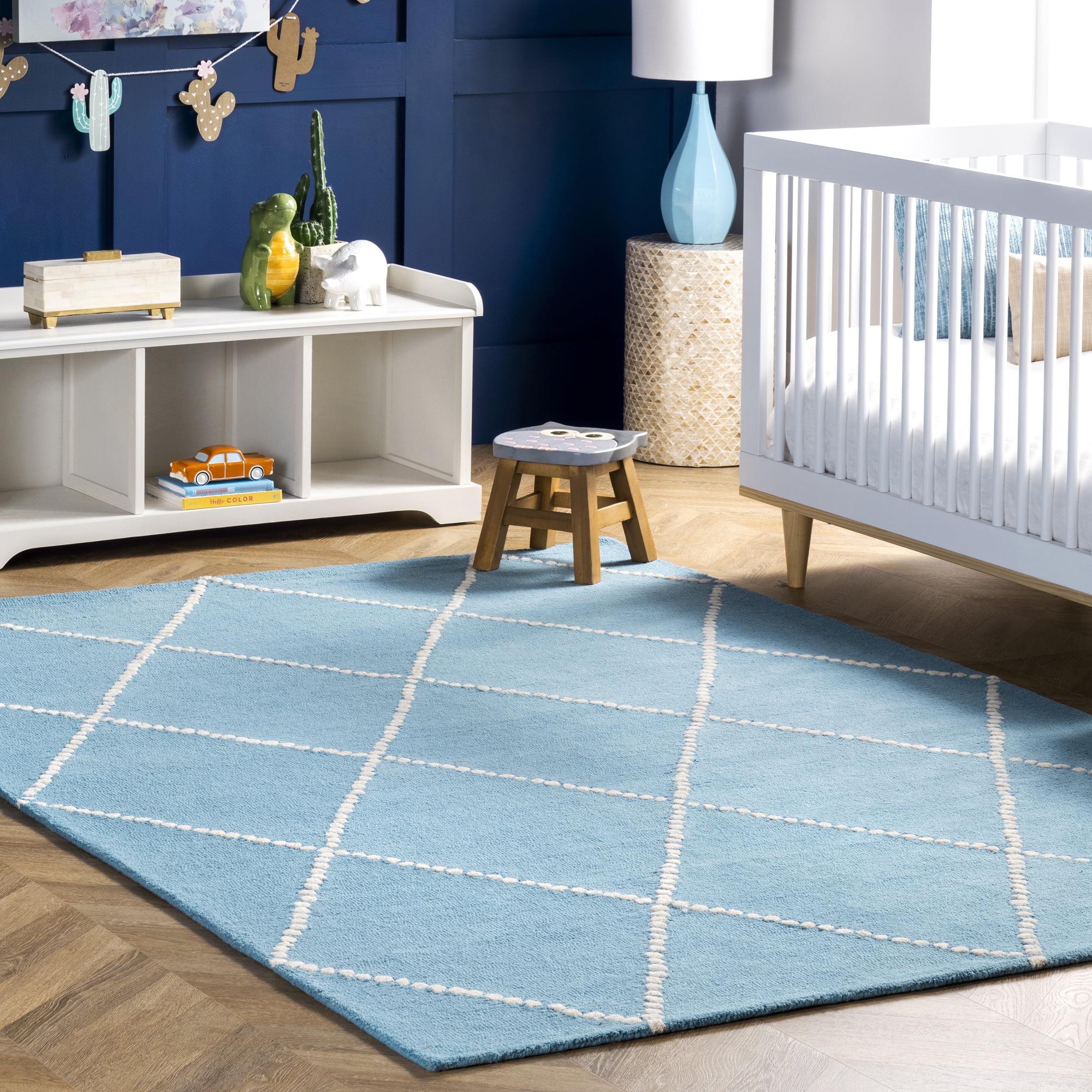 Aqua Wool Trellis Tufted Rectangular Kids Rug 6' x 9'