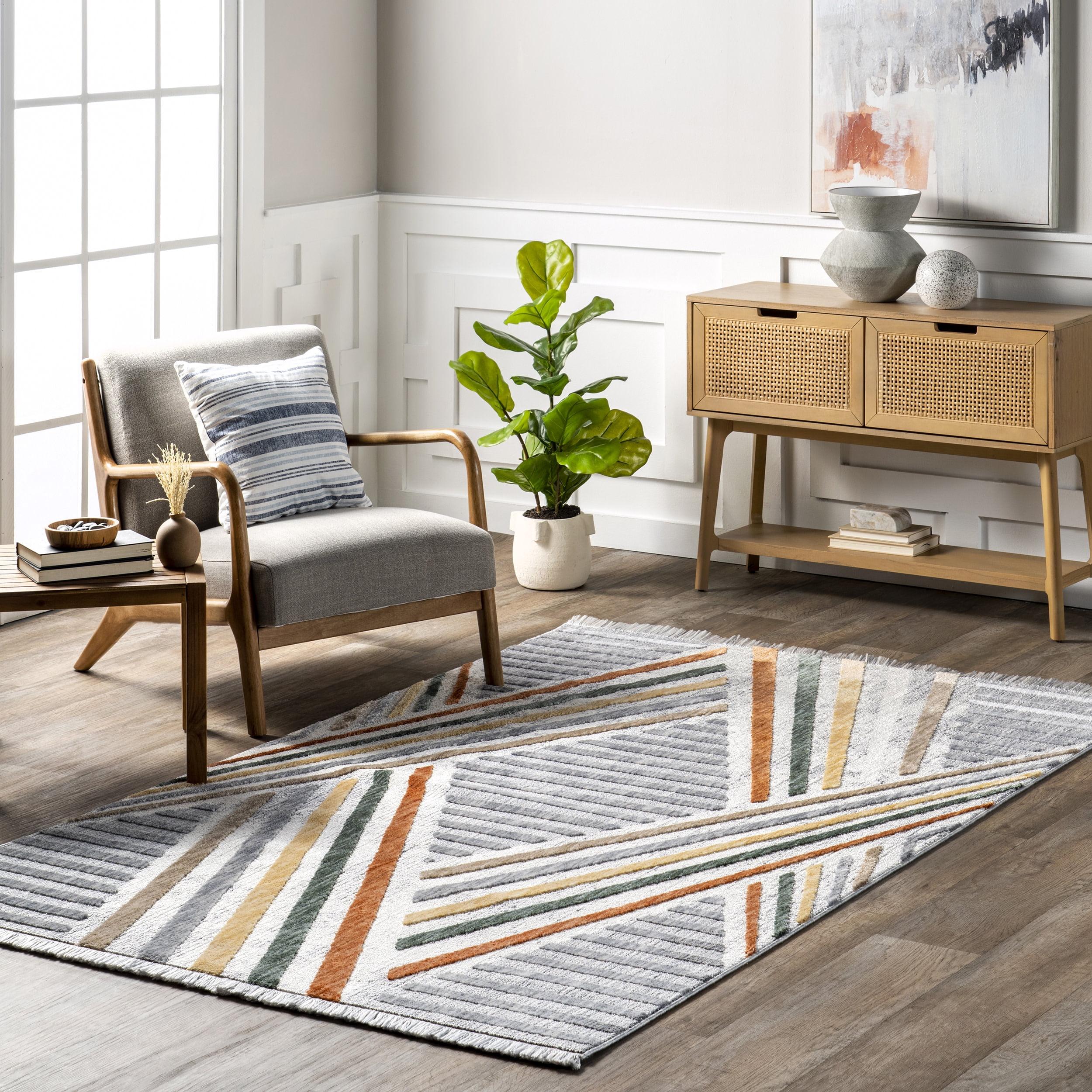 Edna Light Gray Striped Synthetic Area Rug, 5' x 8'