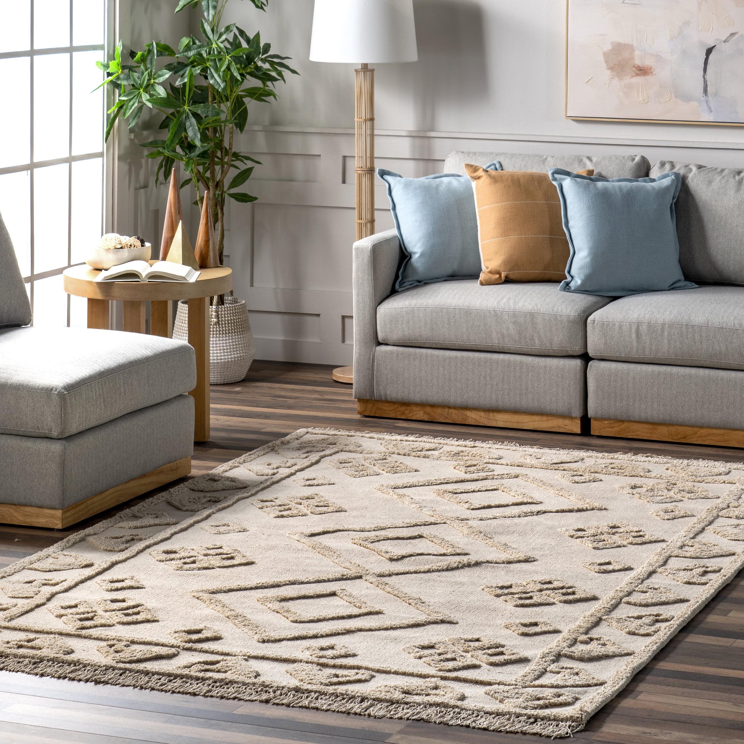 Beige Geometric Wool and Synthetic Square Area Rug, 4' x 6'