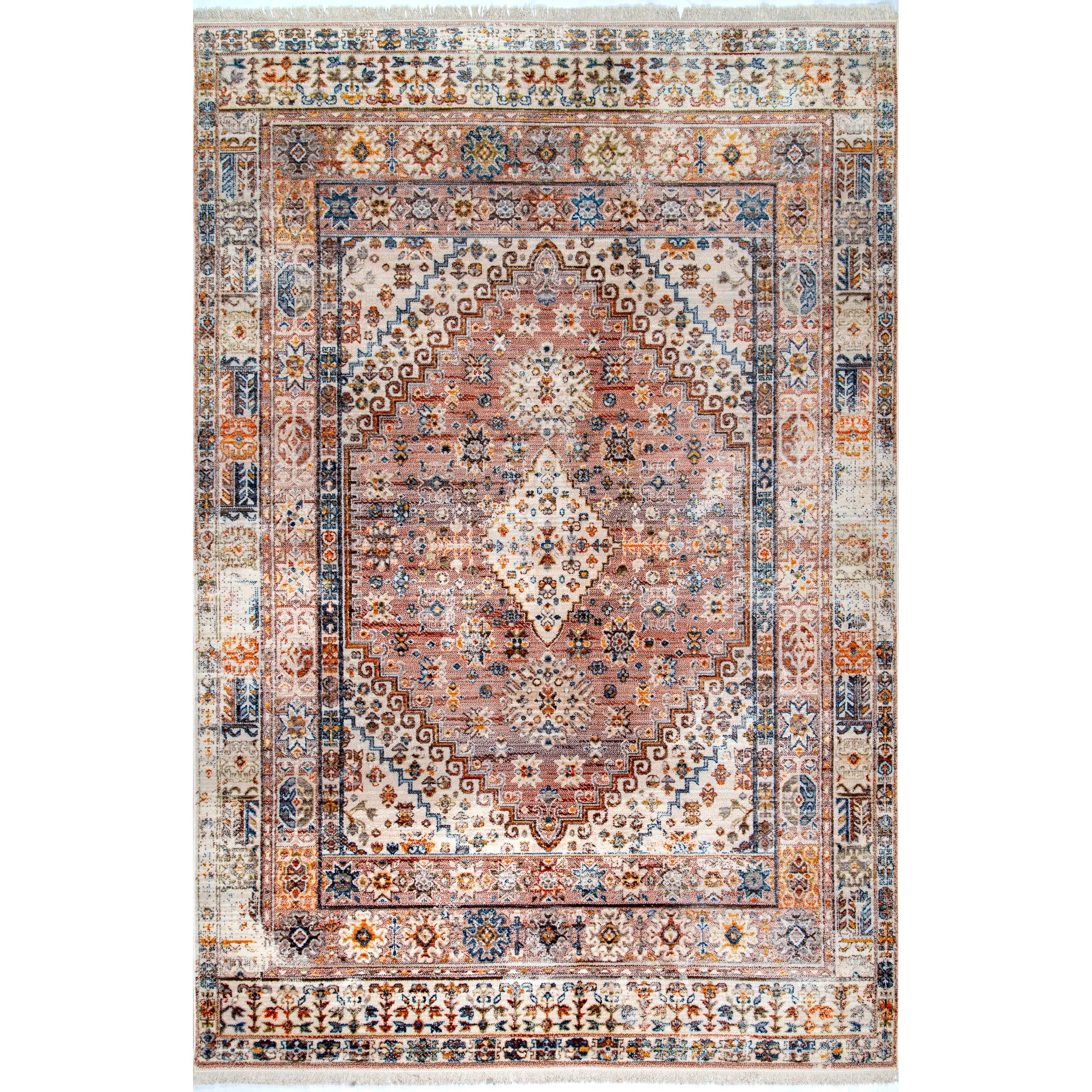 Reversible Khaki Medallion Fringe Synthetic Area Rug, 4' x 6'