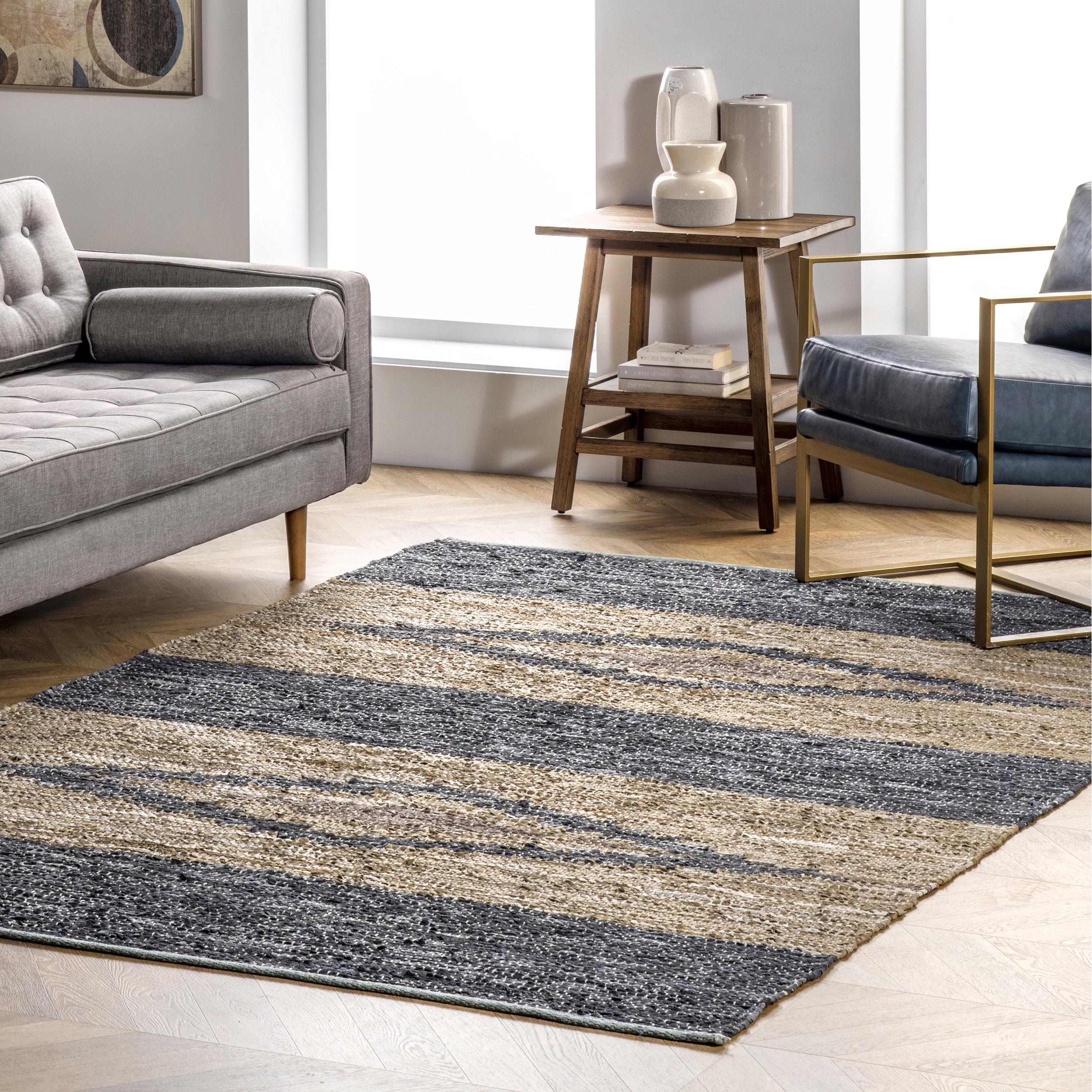 Handwoven Geometric Gray Leather and Cotton 6' x 9' Area Rug