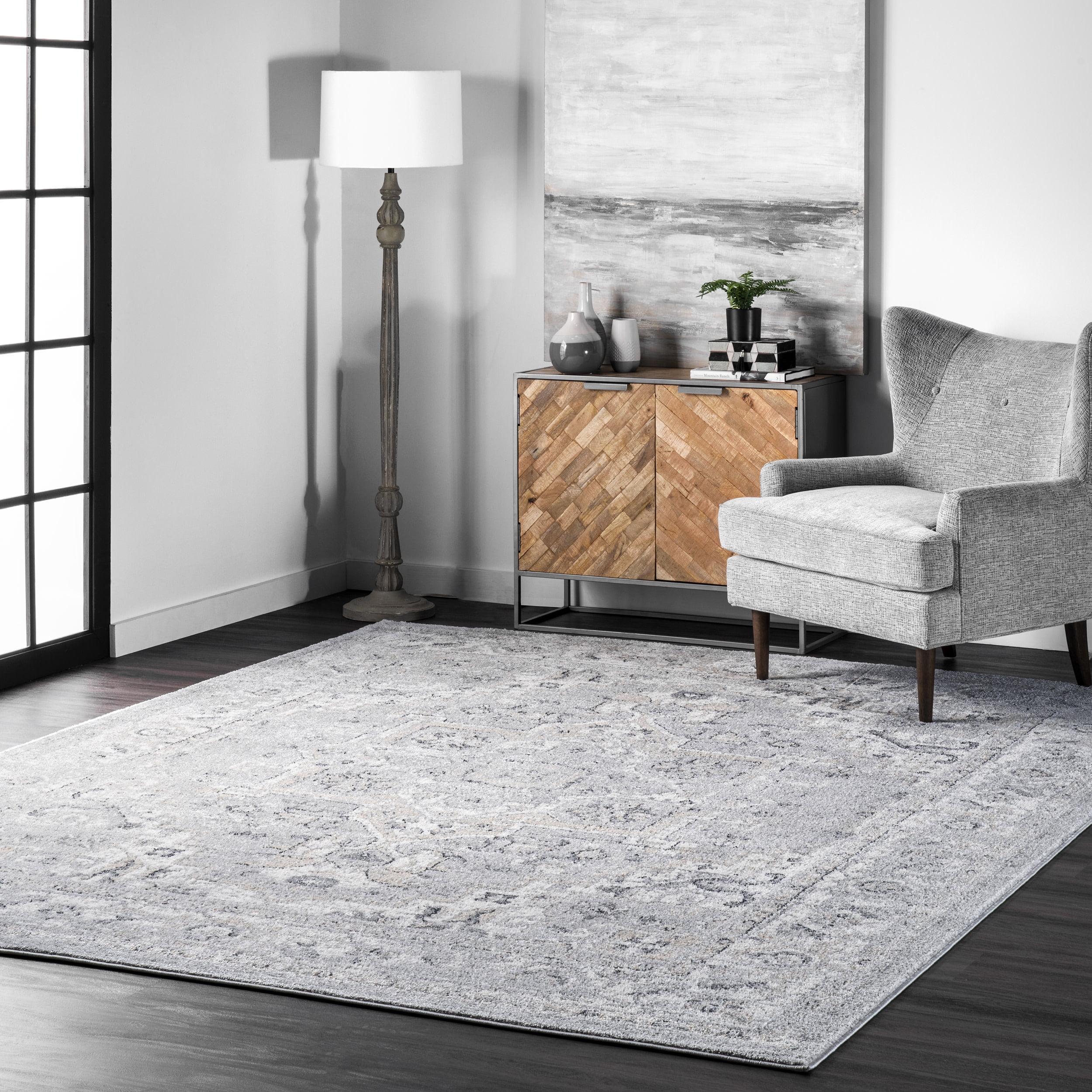 Light Gray Synthetic Medallion Square Area Rug