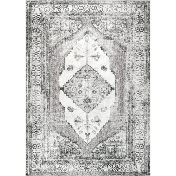 Nuloom Gladys Pet Friendly Machine Washable Vintage Medallion Area Rug, 3' x 5', Light Grey