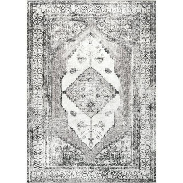 Nuloom Gladys Pet Friendly Machine Washable Vintage Medallion Area Rug, 3' x 5', Light Grey