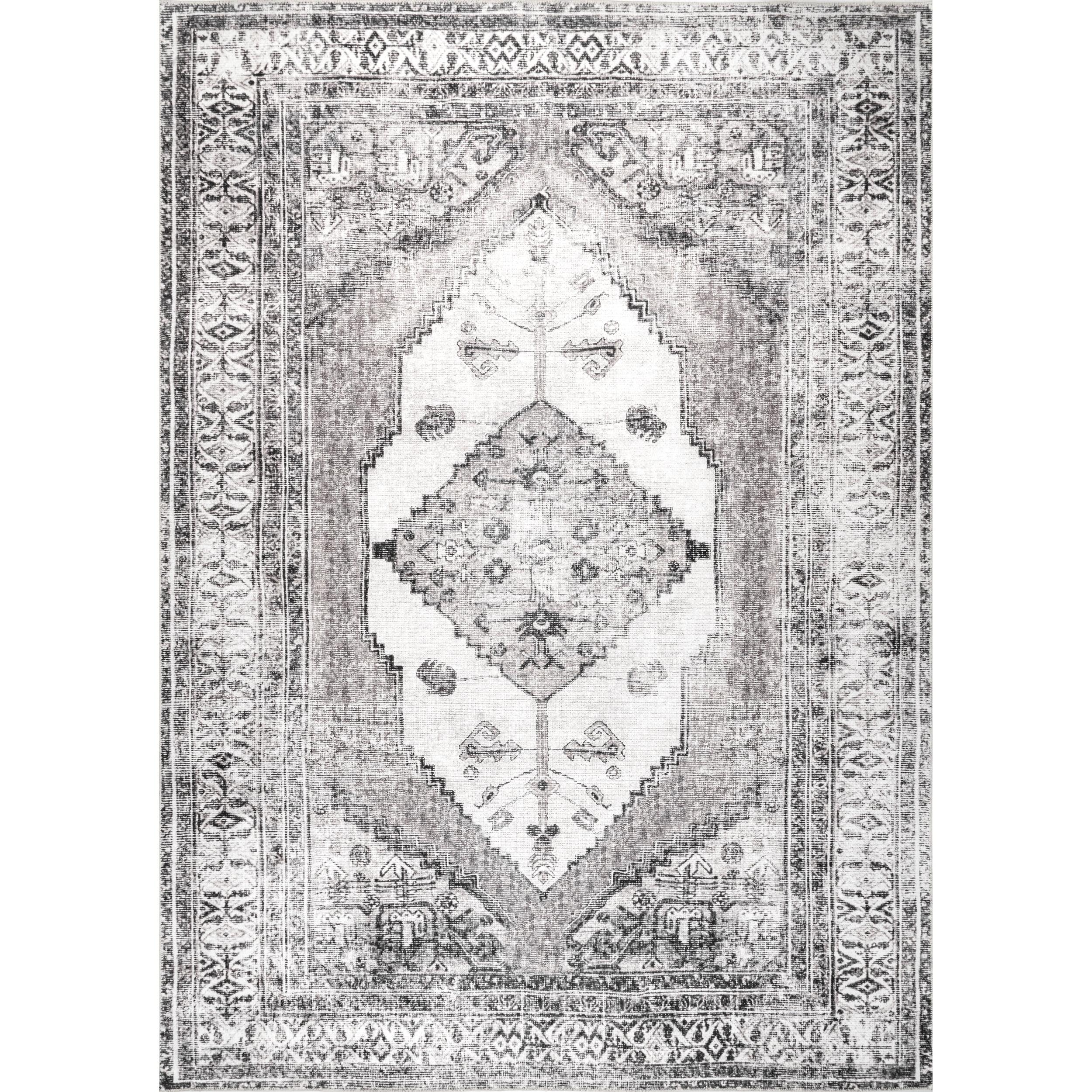 Nuloom Gladys Pet Friendly Machine Washable Vintage Medallion Area Rug, 4' x 6', Light Grey