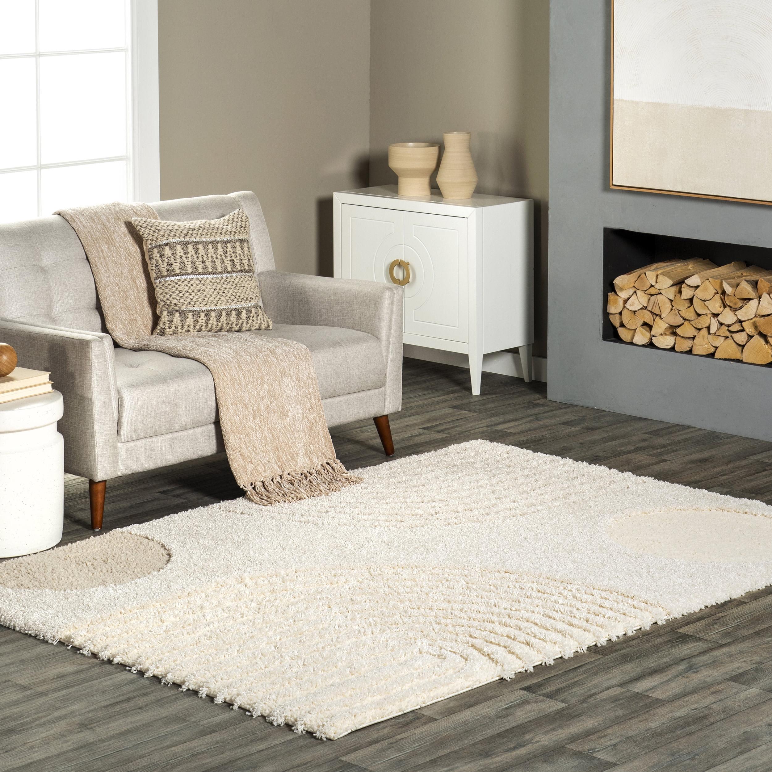 Beige Abstract Shag Area Rug with Geometric Design