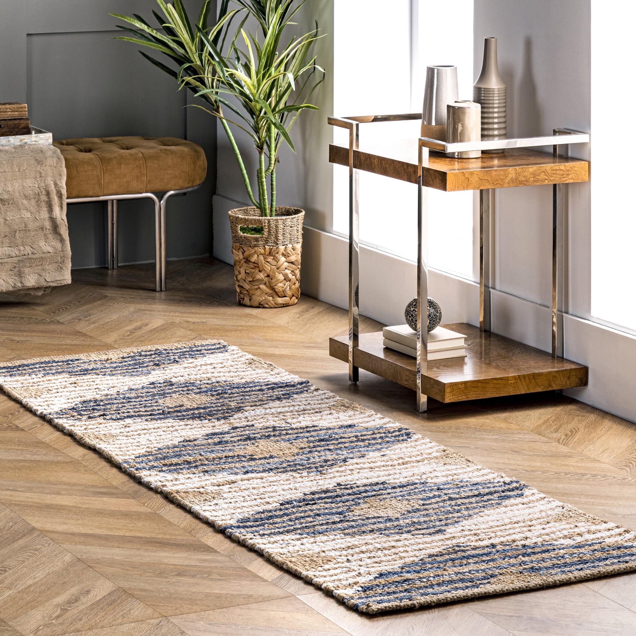 Nuloom Hand Braided Marla Denim And Jute Diamonds Area Rug, Runner 2' 6" x 10', Off White