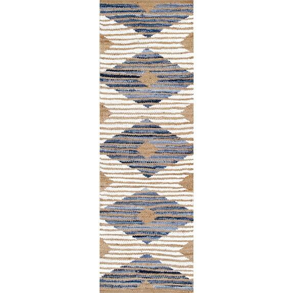 nuLOOM Hand Braided Marla Denim And Jute Diamonds Area Rug, Runner 2' 6" x 10', Off White