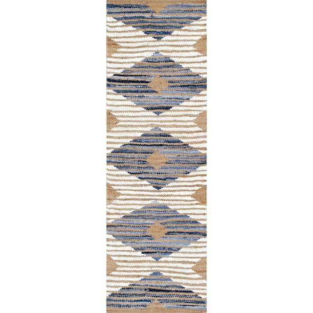 nuLOOM Hand Braided Marla Denim And Jute Diamonds Area Rug, Runner 2' 6" x 10', Off White