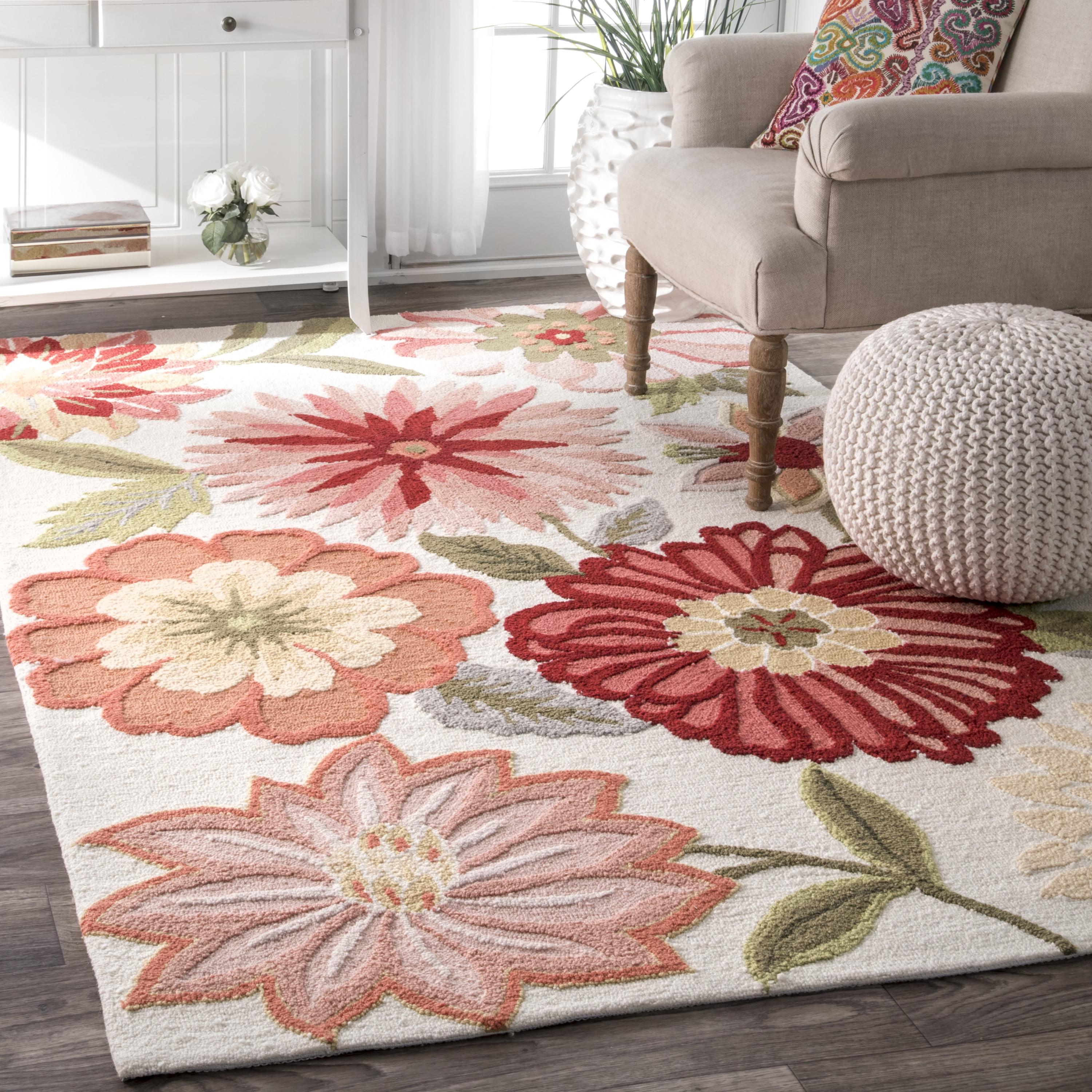 Hand-Tufted Red Floral Wool Blend 7'6" x 9'6" Rectangular Rug