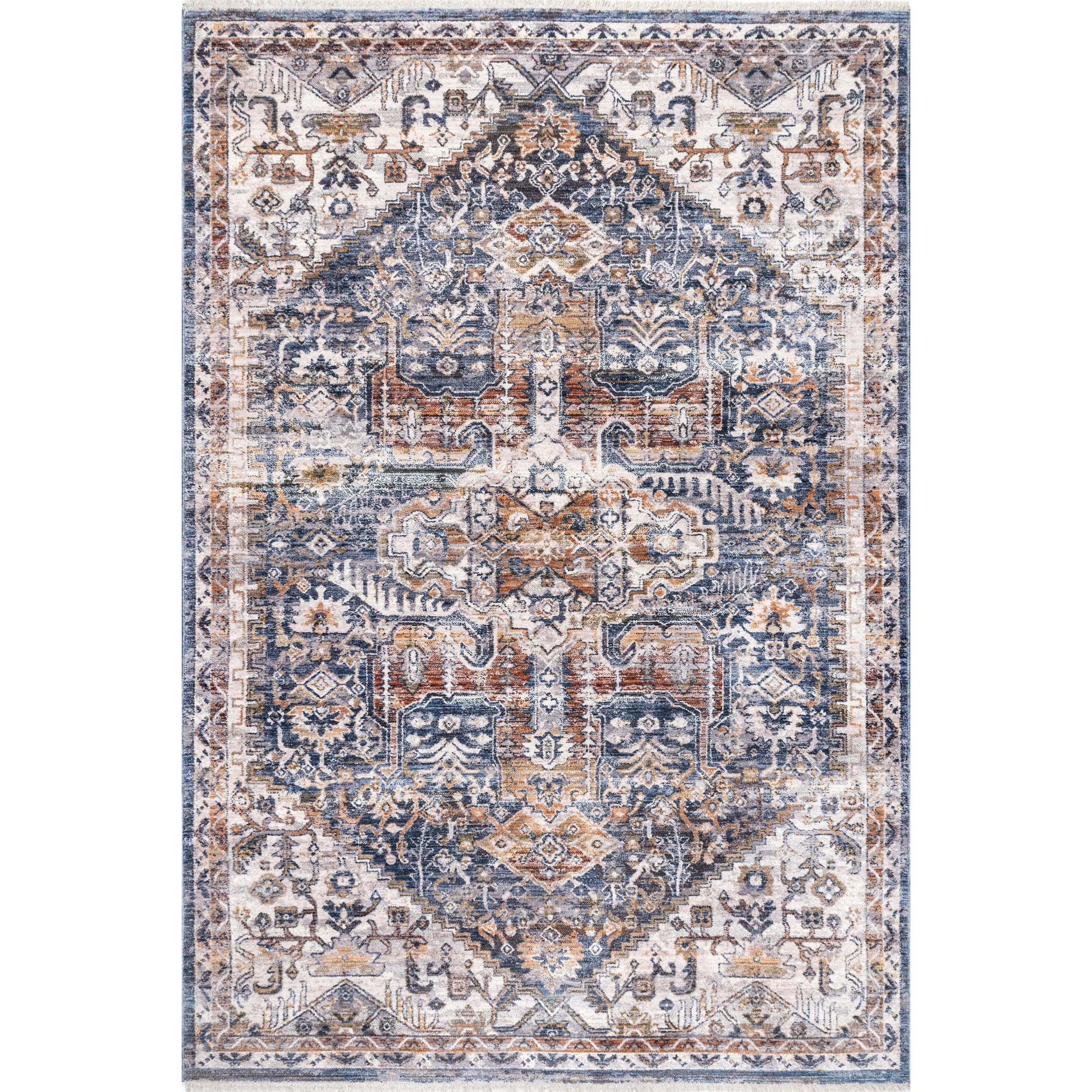 Reversible Distressed Medallion 3' x 5' Blue Synthetic Area Rug