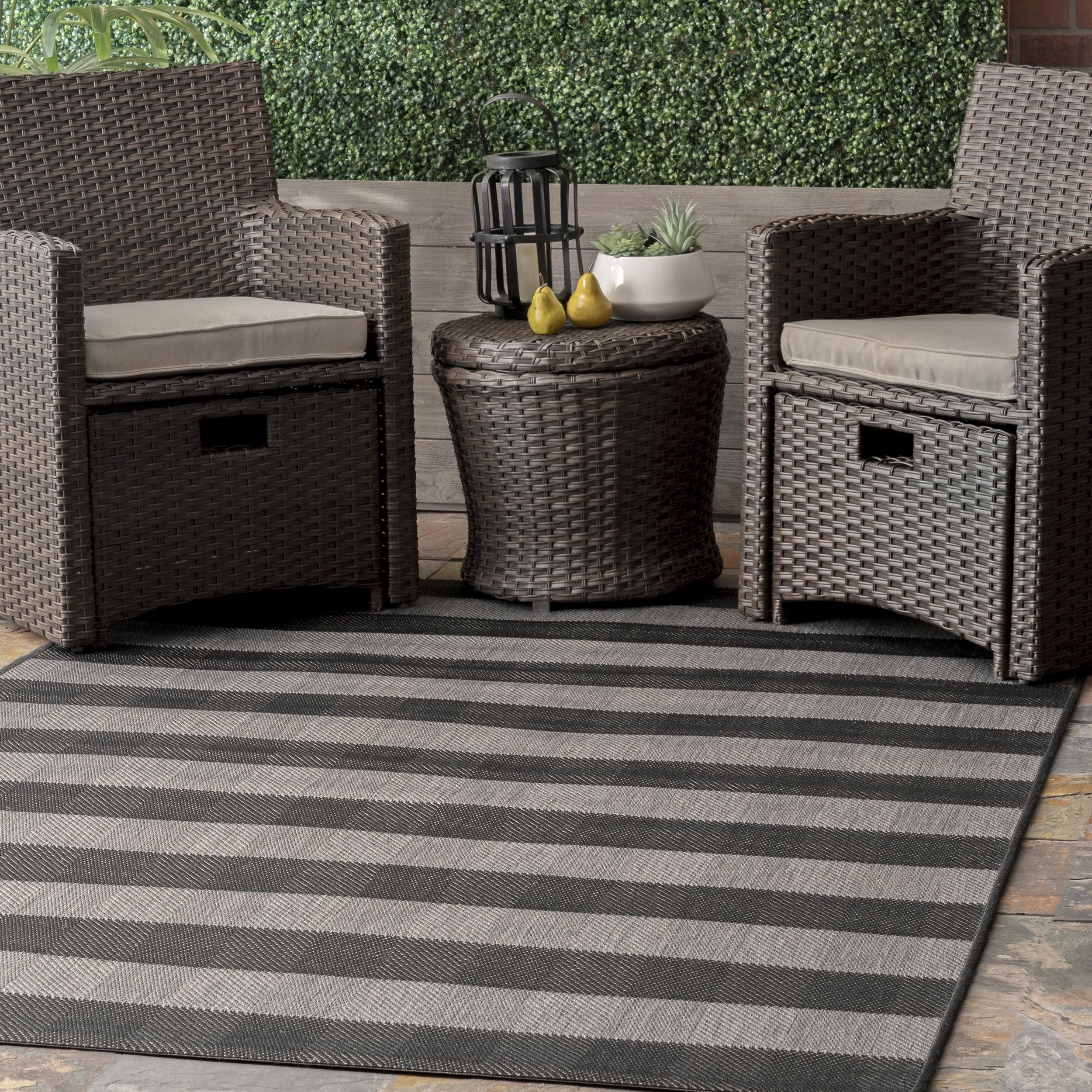 Reversible Black Stripe Synthetic 6'3" x 9'2" Outdoor Rug