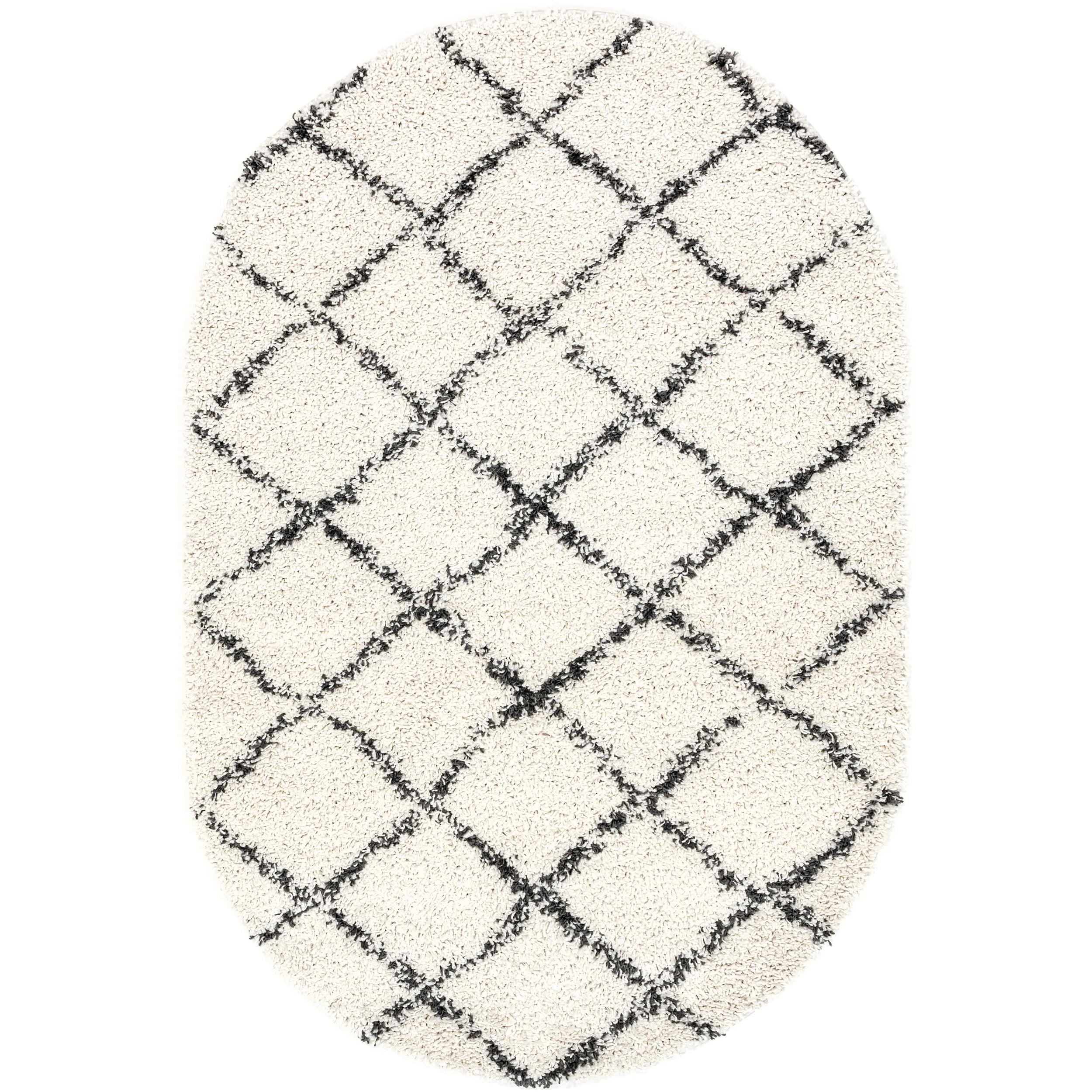 Off-White Oval Braided Shag Area Rug with Tassels