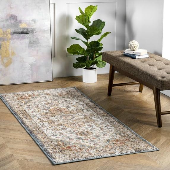 Nuloom 2x10 Justine Vintage Medallion Indoor Area Rug, Beige, Faded Persian Design, Stain Resistant, BedroomLiving Room, Kitchen,
