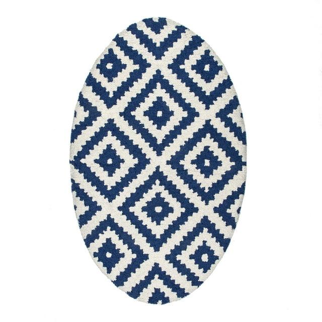 Nuloom Kellee Geometric Oval 3x5 Wool Accent Indoor Area Rug for Living Room Bedroom Dining Room Entryway Kitchen, Navy/White