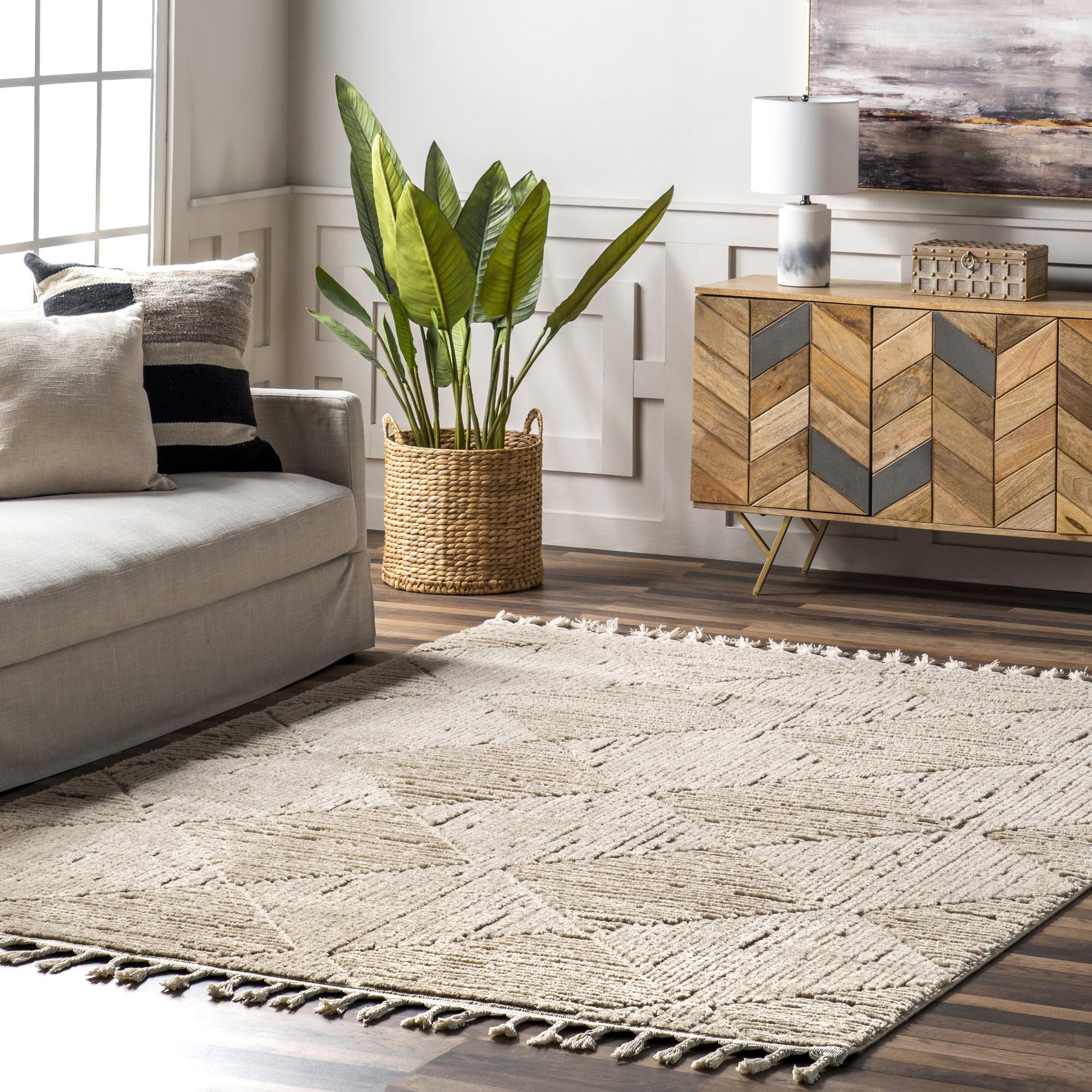 Kerry Beige Geometric Tasseled 7x9 Synthetic Area Rug