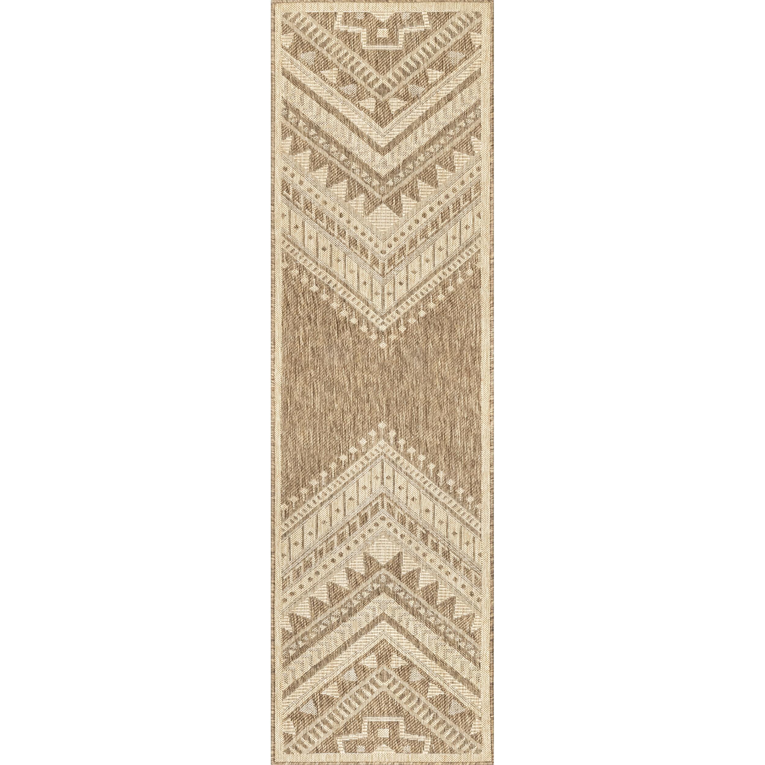 Nuloom Landry Geometric 2x8 Indoor/Outdoor Runner Rug for Living Room Patio Deck Front Porch Entryway Hallway Kitchen, Brown/Ivory