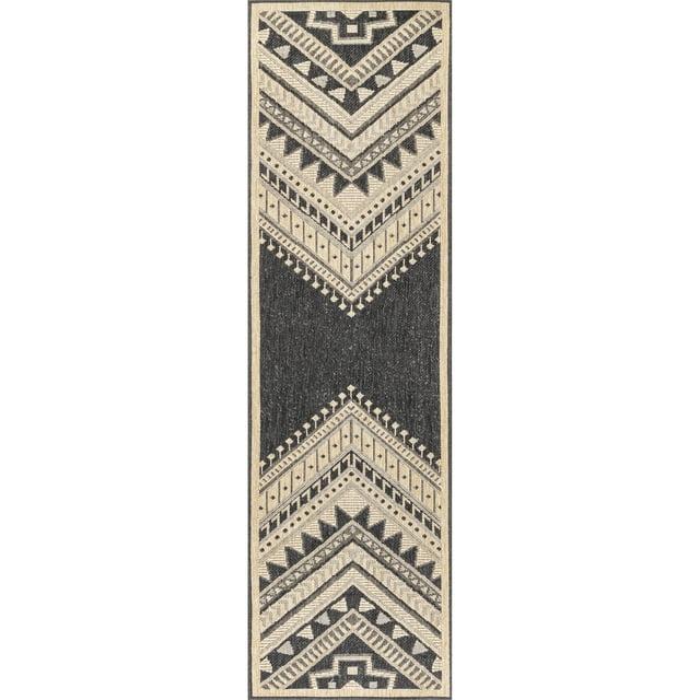 Nuloom Landry Geometric 2x8 Indoor/Outdoor Runner Rug for Living Room Patio Deck Front Porch Entryway Hallway Kitchen, Charcoal/Ivory