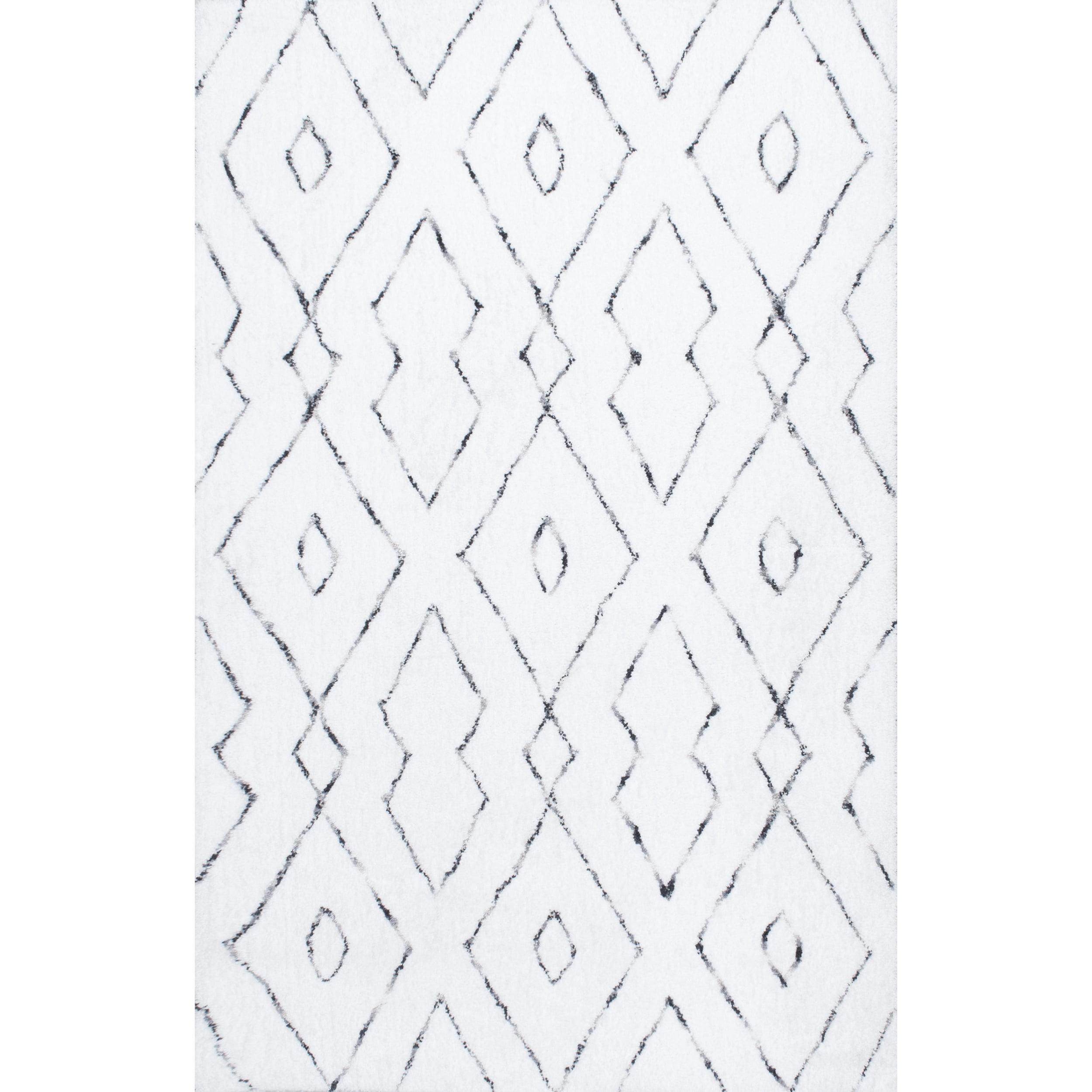 Luxurious White Geometric Tufted Square Shag Rug, 6'