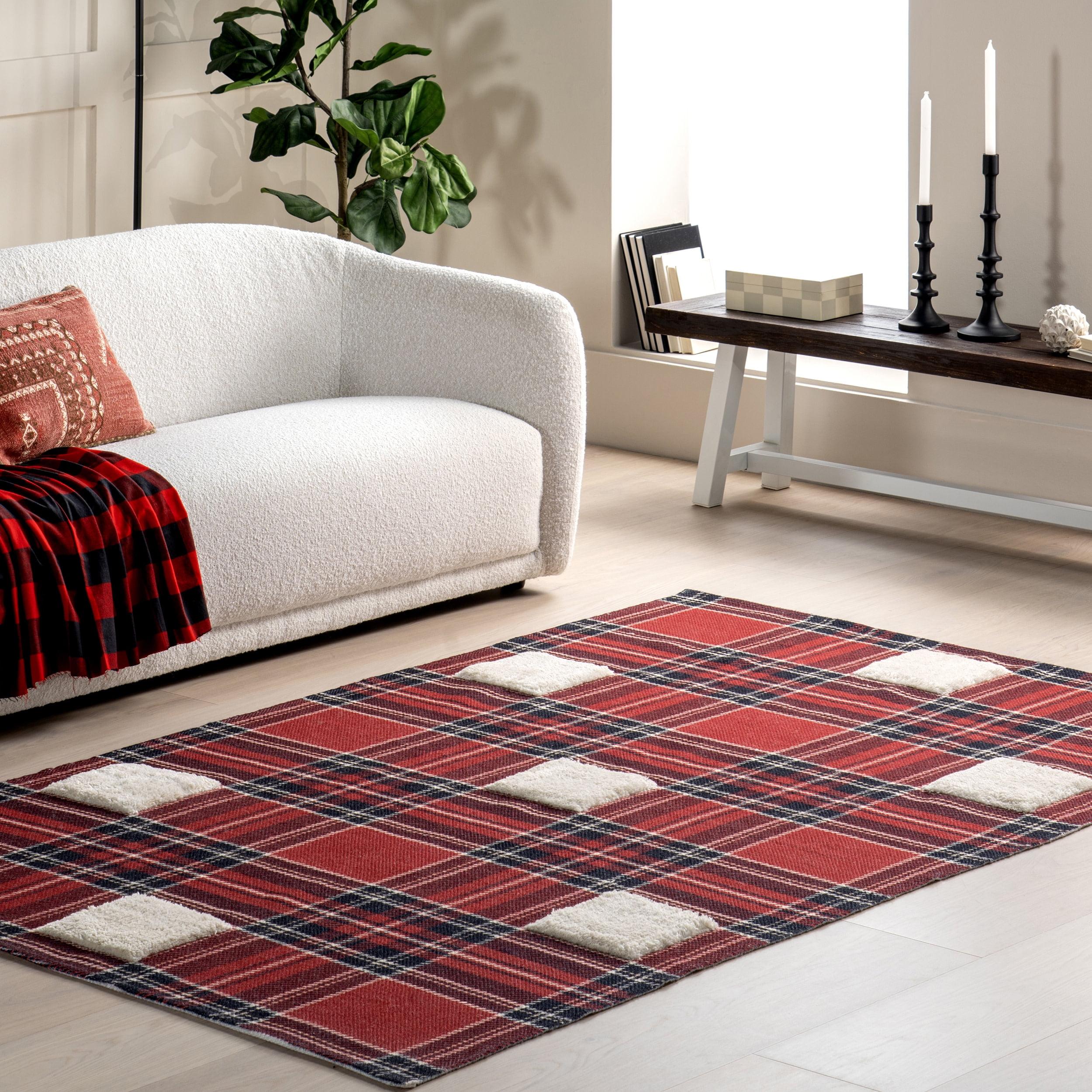 Red and Beige Wool Synthetic Checkered Plaid Area Rug 2' x 3'