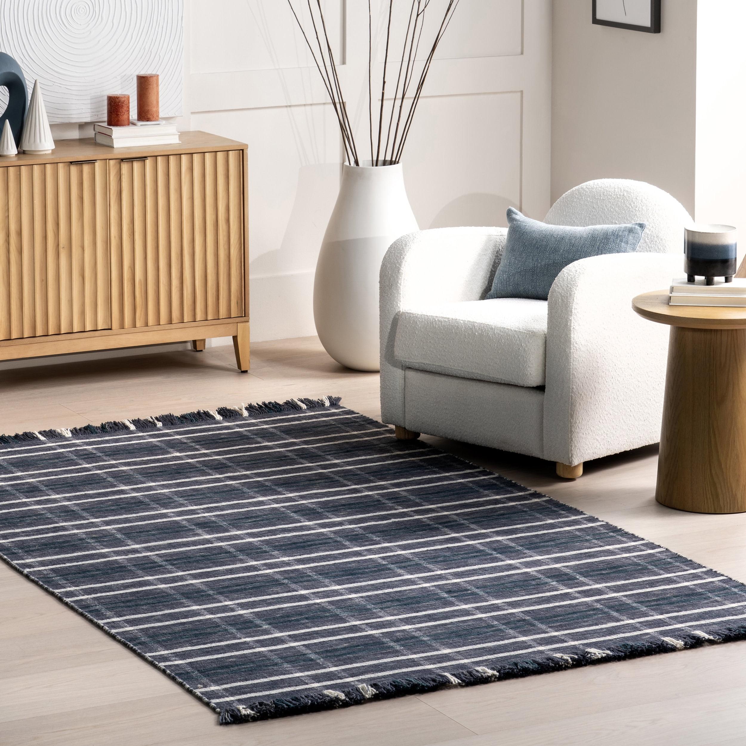 Blue and White Plaid Wool Fringe 5' x 8' Area Rug