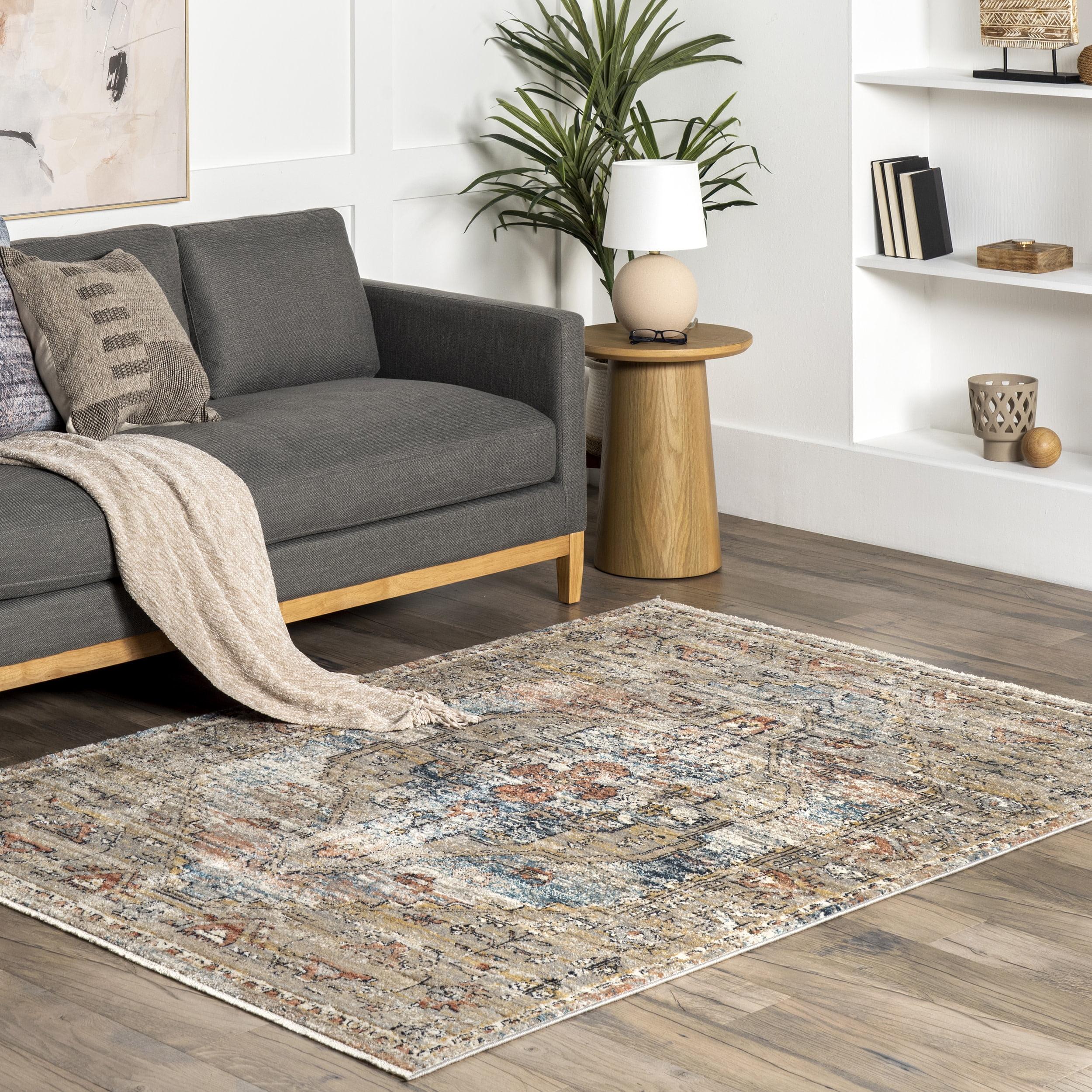 Blue and Beige Synthetic Traditional Medallion Area Rug