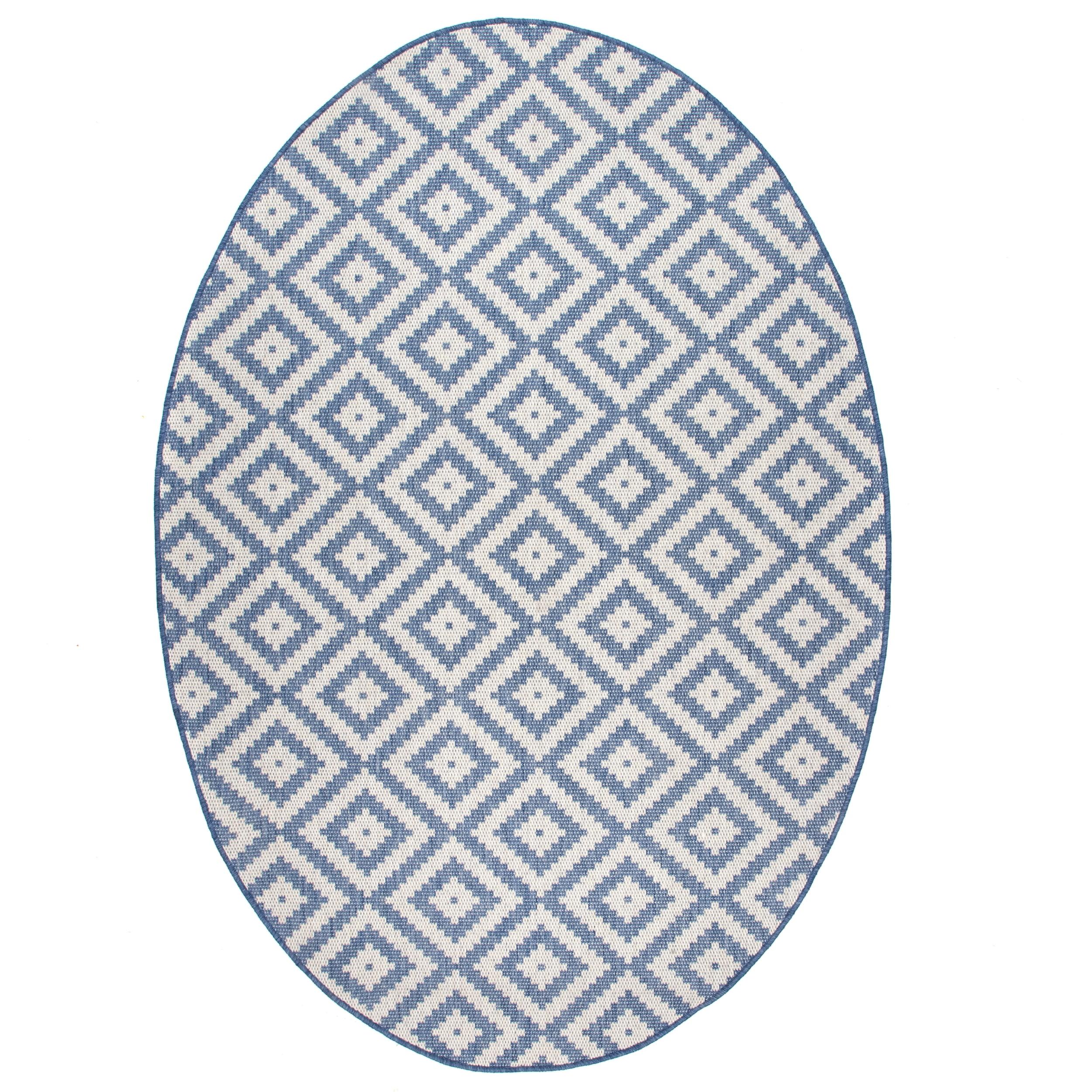 Reversible Blue Trellis Synthetic Oval Rug, 5' x 8', Easy Care