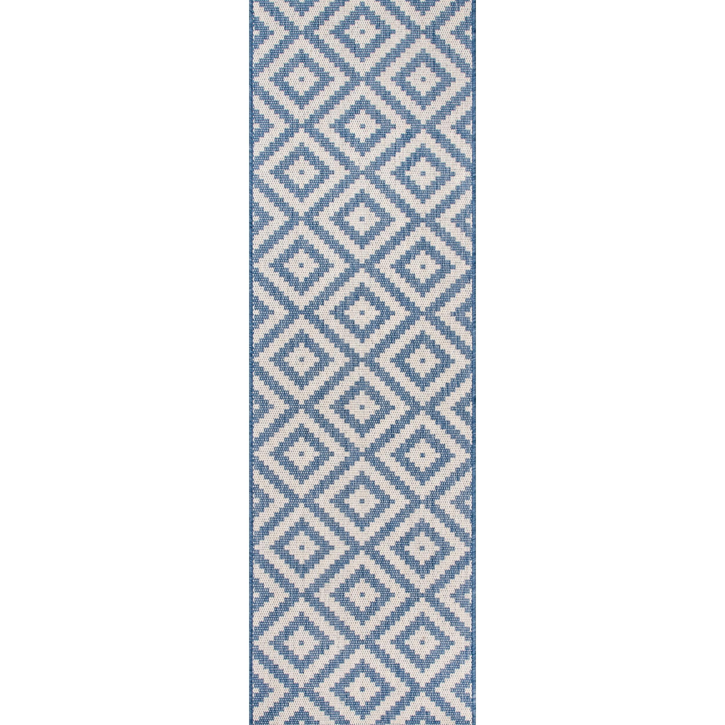 Nuloom Marybelle Geometric 2x8 Indoor/Outdoor Runner Rug for Living Room Patio Deck Front Porch Entryway Hallway Kitchen, Blue/Ivory