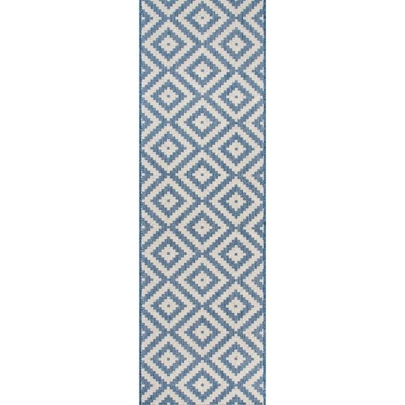 Nuloom Marybelle Geometric 2x8 Indoor/Outdoor Runner Rug for Living Room Patio Deck Front Porch Entryway Hallway Kitchen, Blue/Ivory