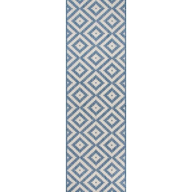 Nuloom Marybelle Geometric 2x8 Indoor/Outdoor Runner Rug for Living Room Patio Deck Front Porch Entryway Hallway Kitchen, Blue/Ivory