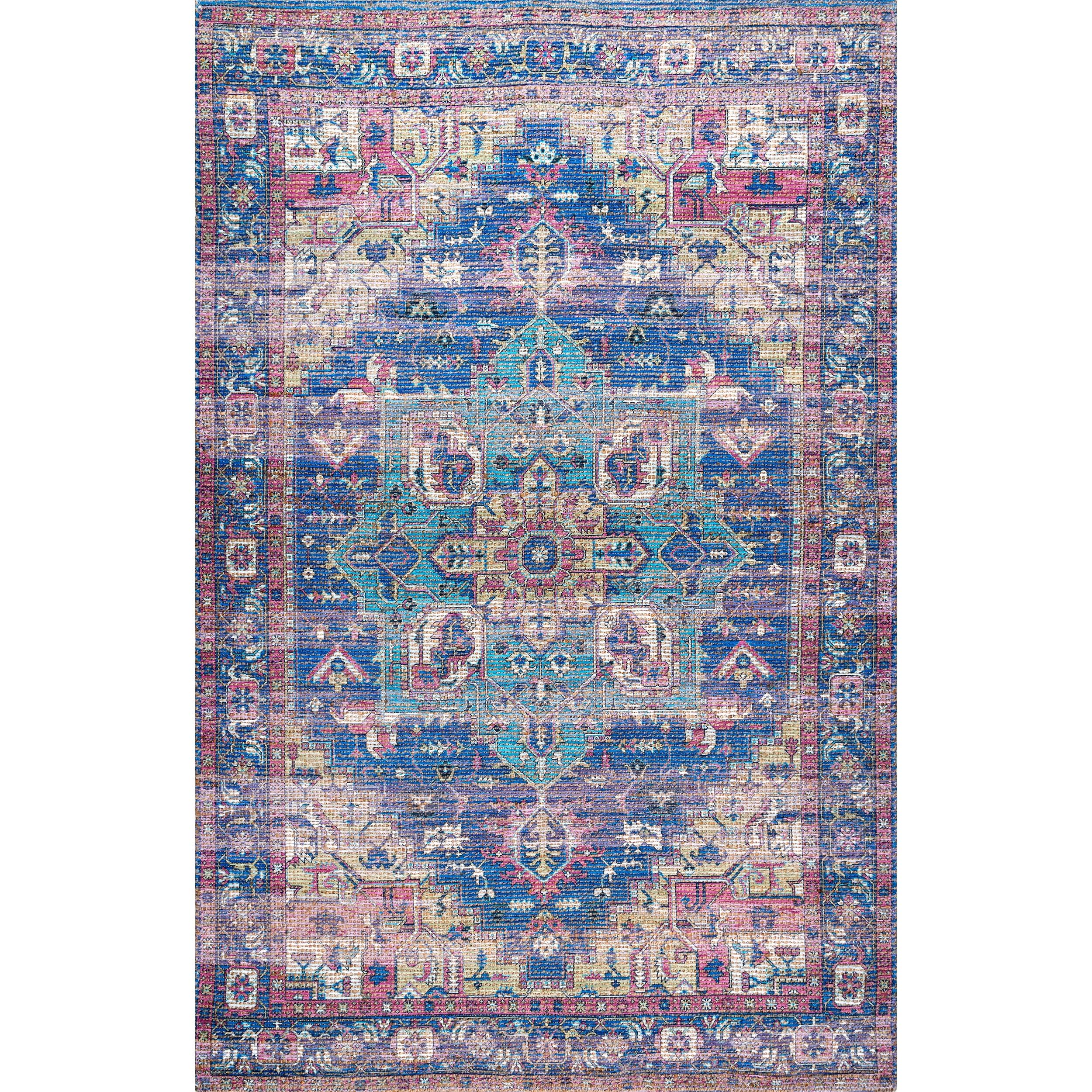 Blue 4' x 6' Flat Woven Chenille Synthetic Area Rug