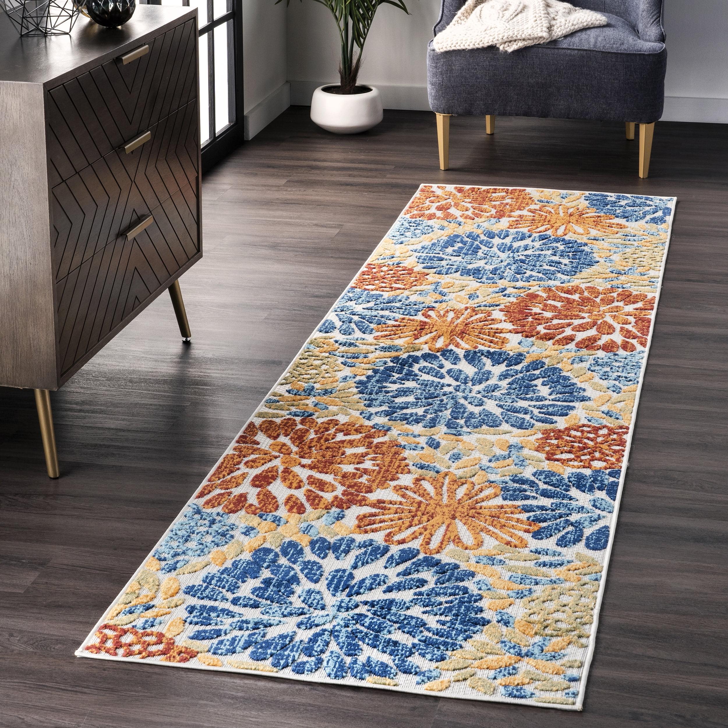 Blue Floral Synthetic Easy Care Runner Rug