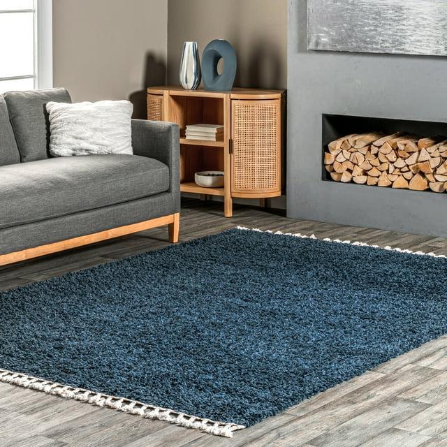 Nuloom Neva Solid 7x9 Shag Indoor Area Rug for Living Room Bedroom Dining Room Nursery, Navy/Ivory