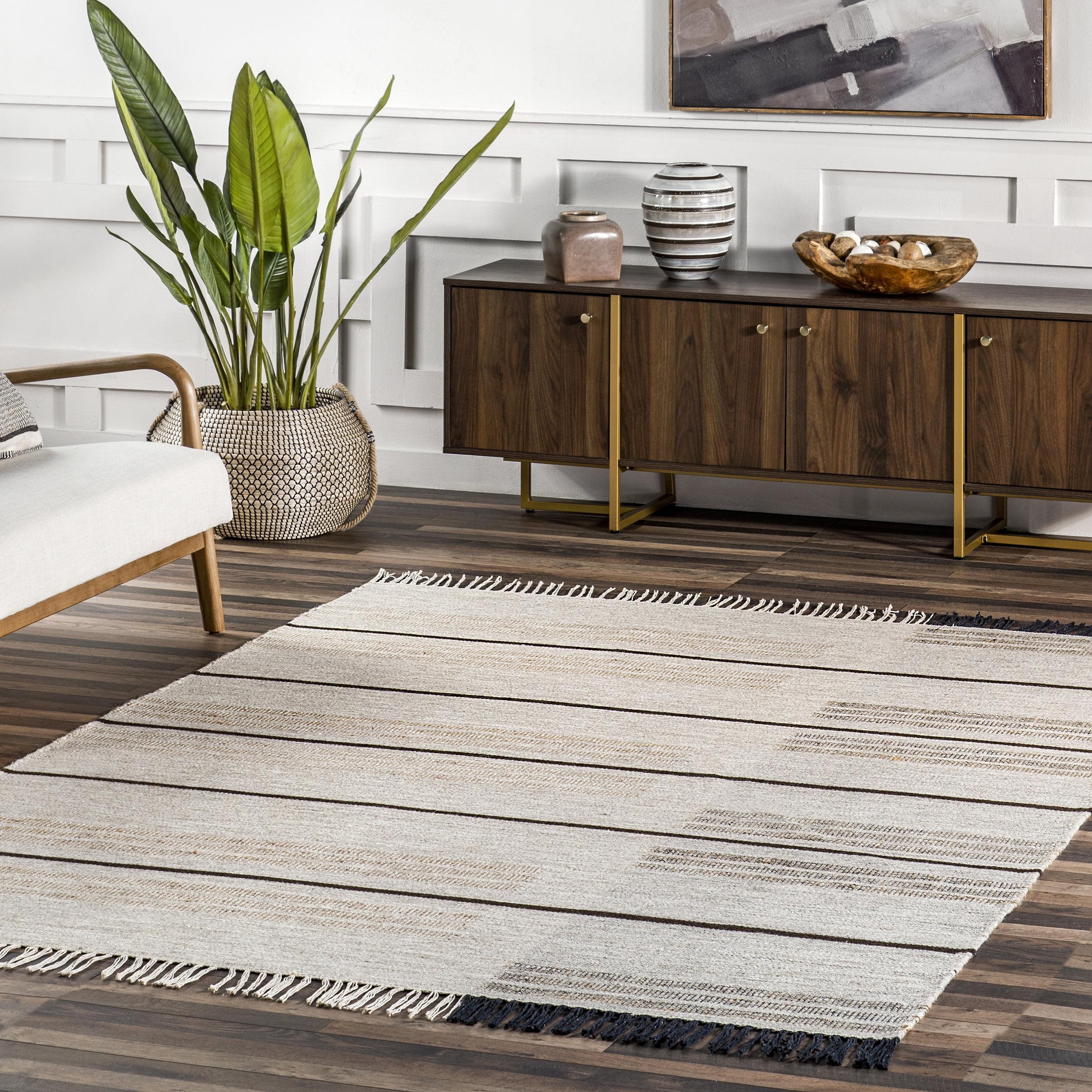 Nicky Beige and Gray Striped Wool Cotton Area Rug 4' x 6'