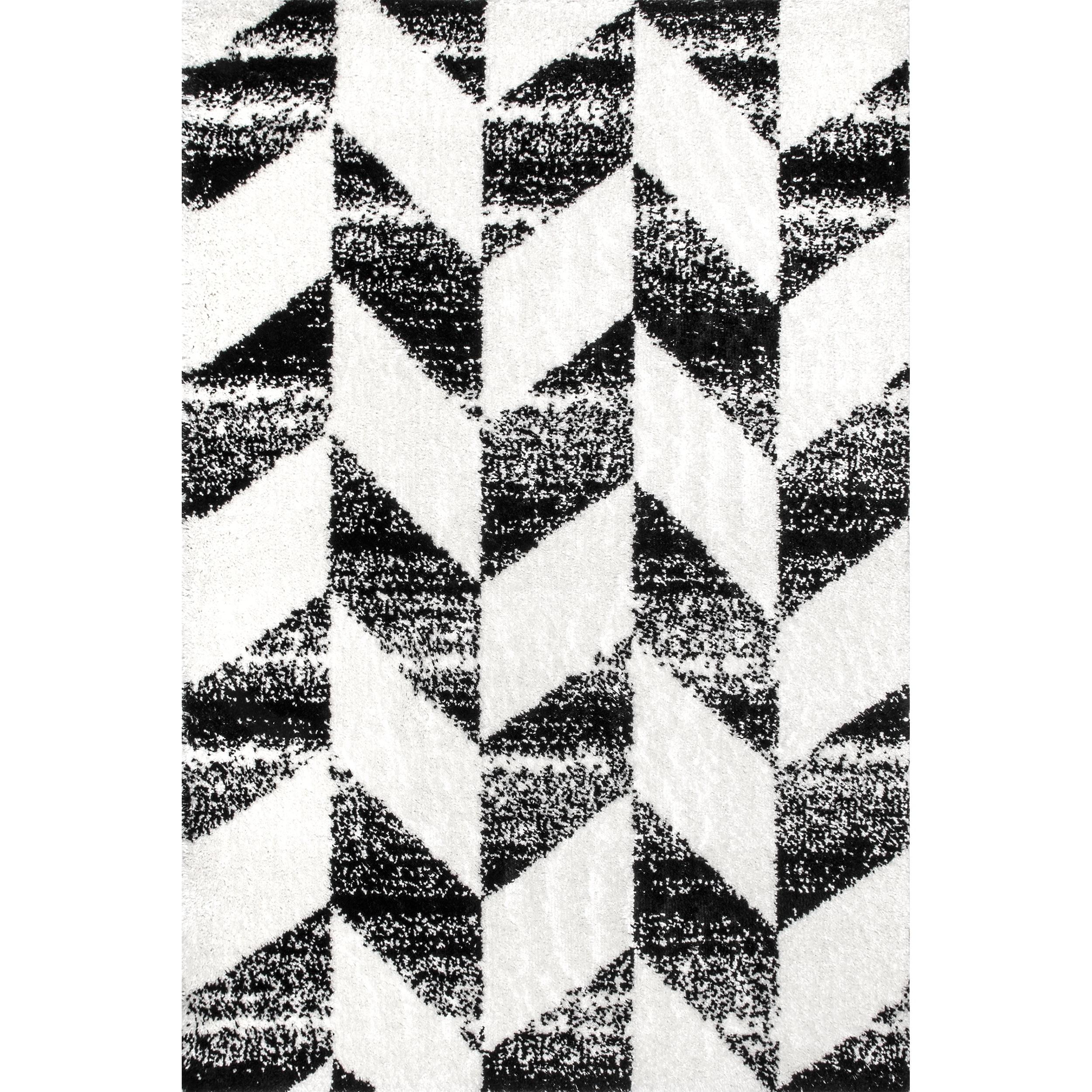 Elysian Herringbone 9' x 12' Black and White Shag Area Rug