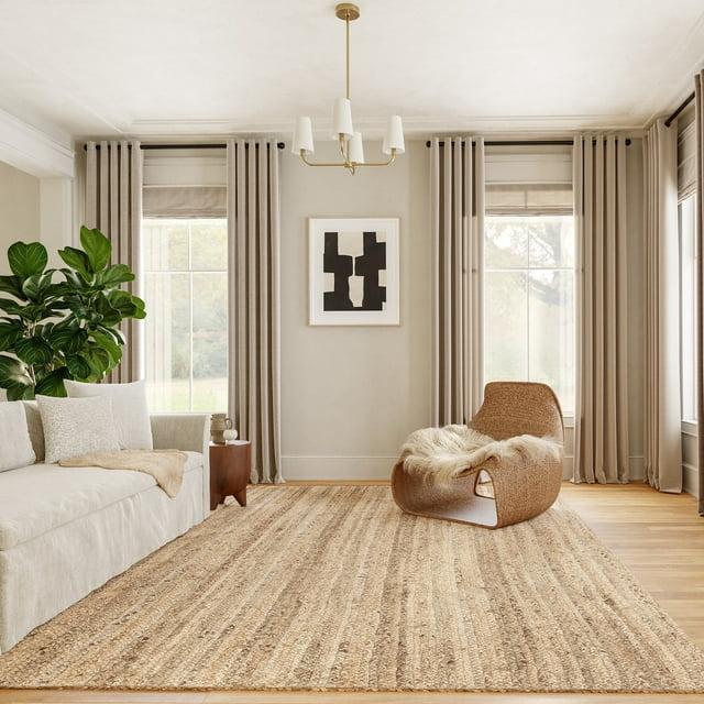 Nuloom 8 Square Rigo Jute Hand Woven Indoor Area Rug, Natural, Solid Farmhouse Design, Natural Fiber Bedroom, Living Room, Kitchen,