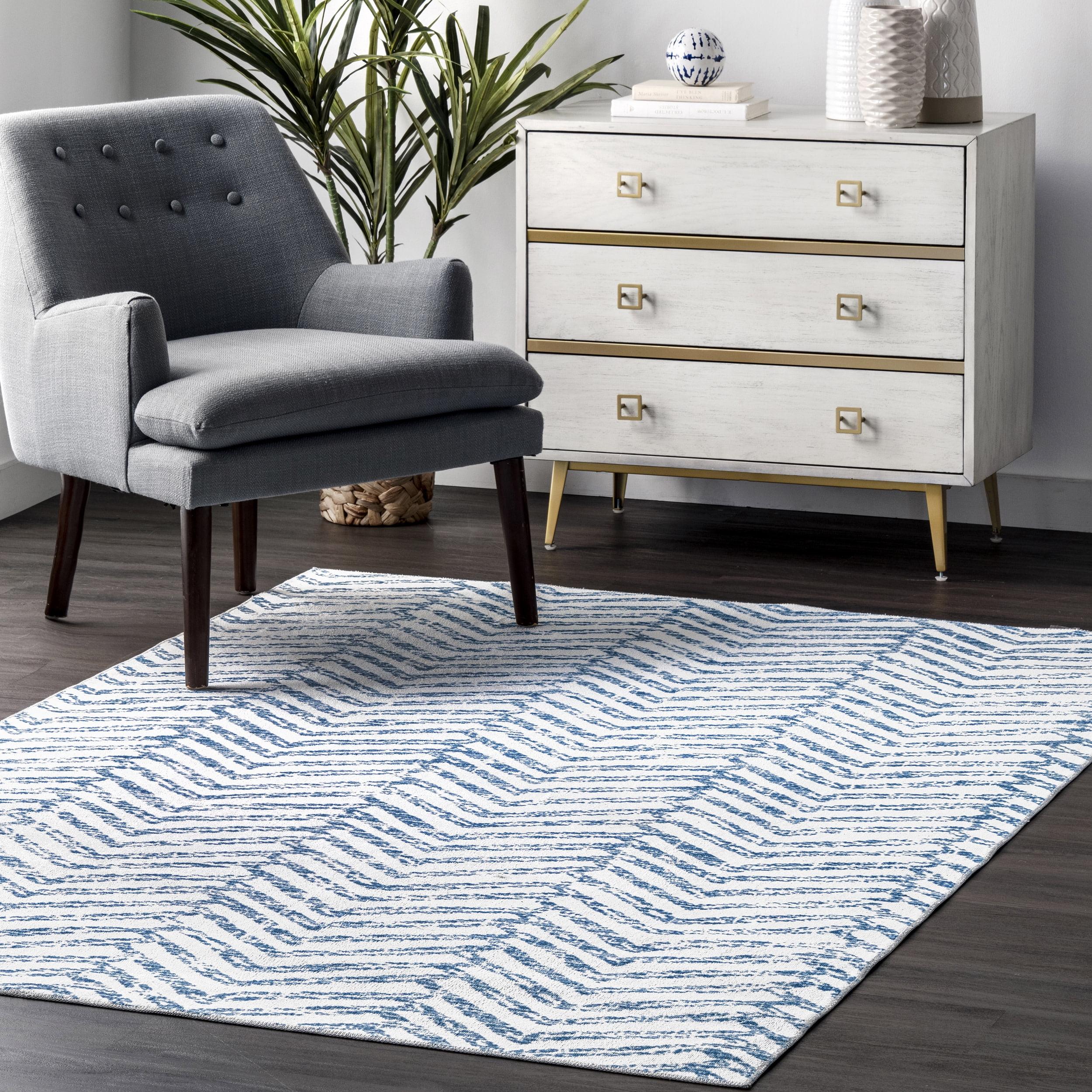 Nuloom Rosanne Herringbone 4x6 Machine Washable Indoor Area Rug for Living Room Bedroom Dining Room Kitchen, Blue/Ivory