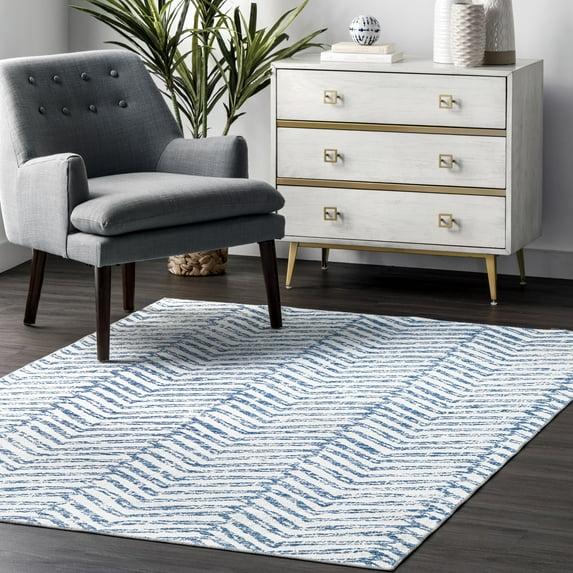 Nuloom Rosanne Herringbone 4x6 Machine Washable Indoor Area Rug for Living Room Bedroom Dining Room Kitchen, Blue/Ivory