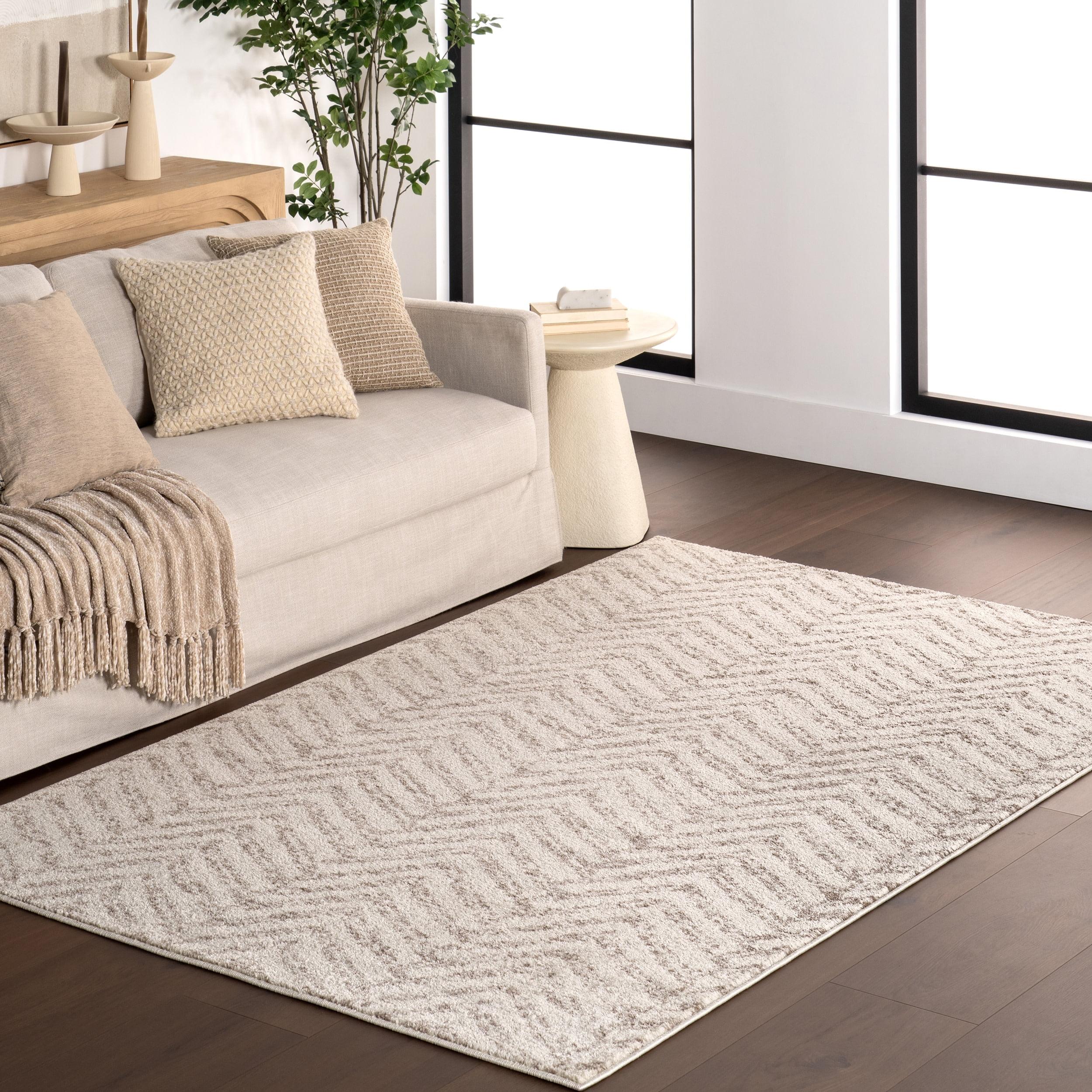 Beige Herringbone Pattern 4' x 6' Synthetic Area Rug